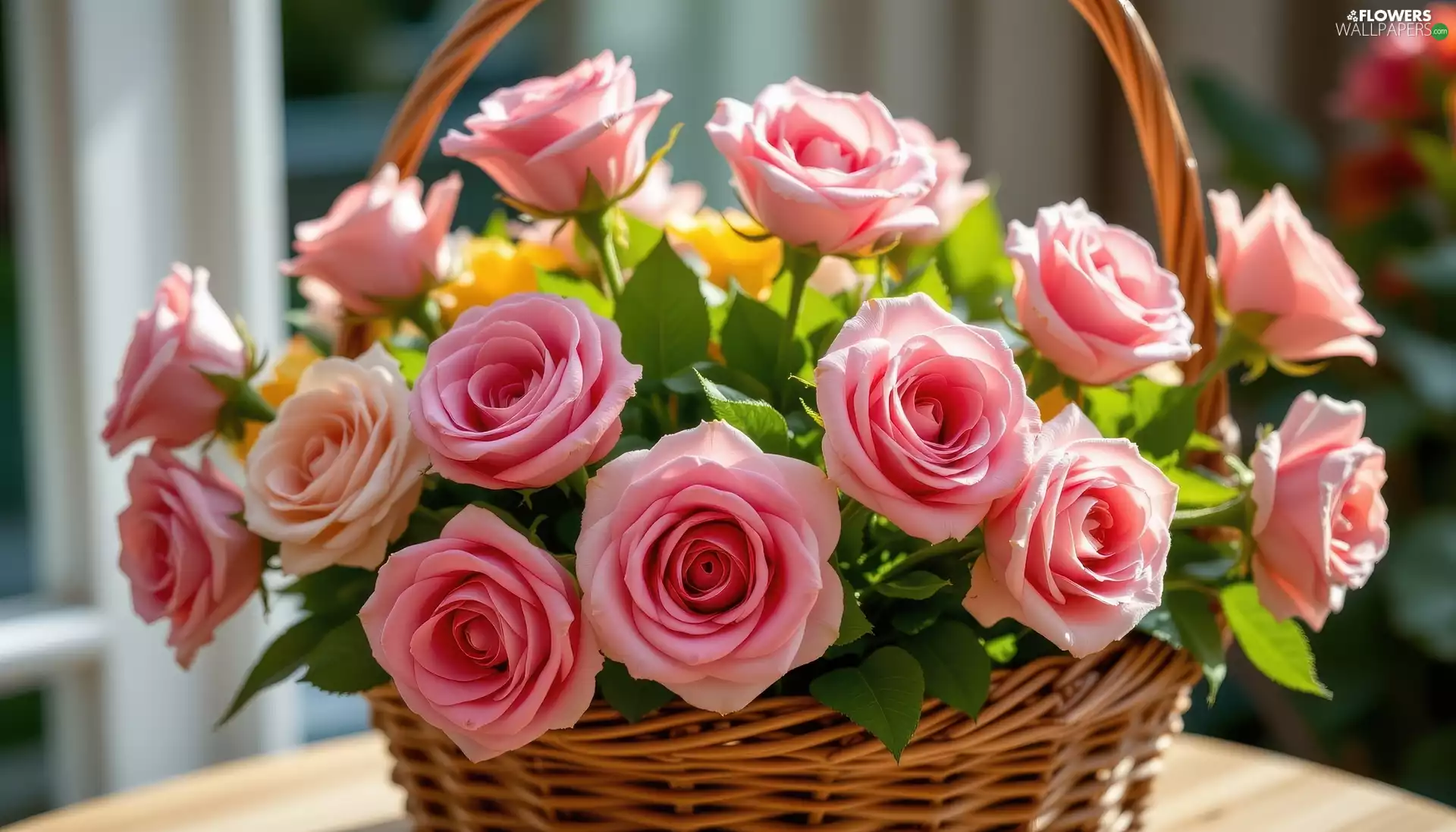 wicker, basket, Pink, roses, Flowers