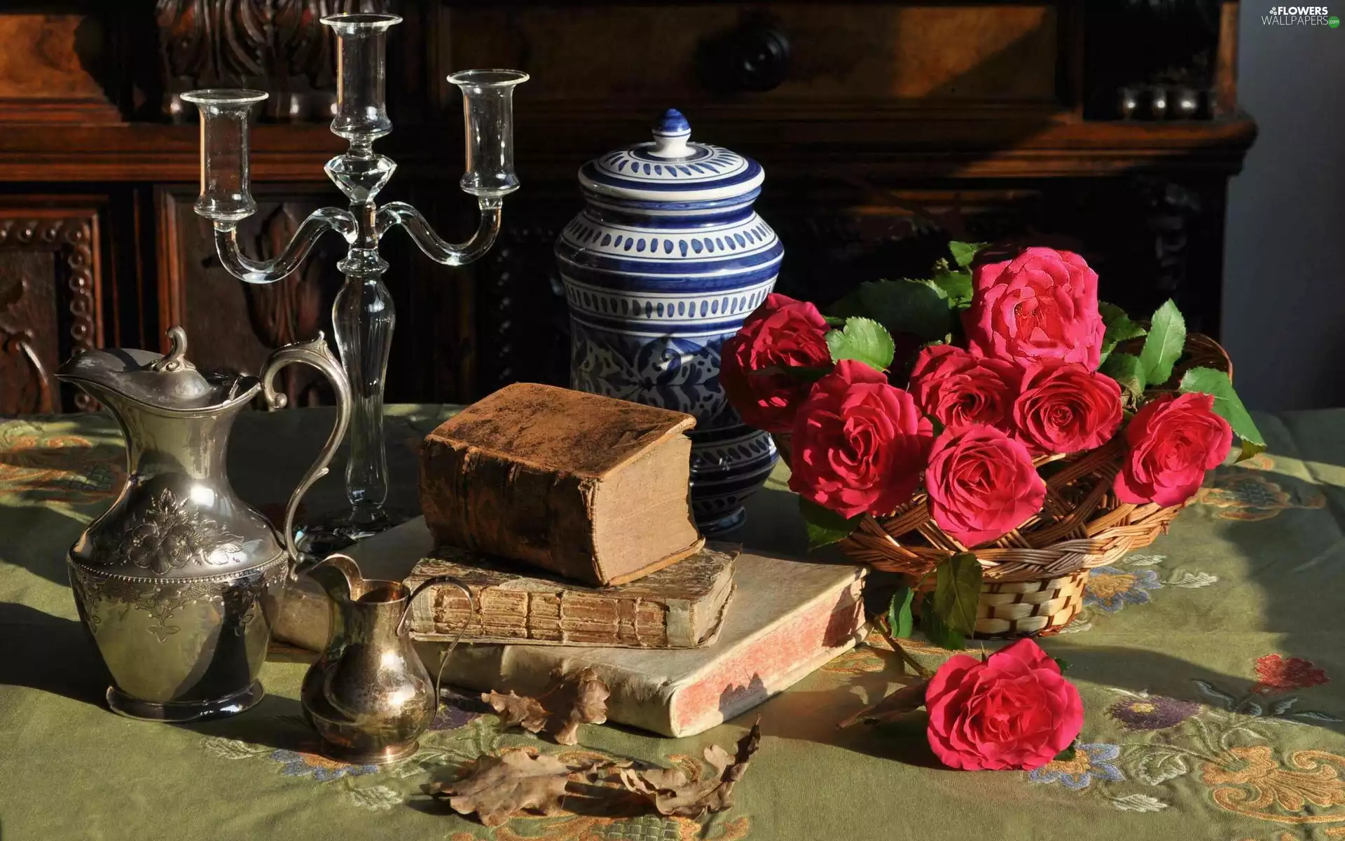 Books, roses, pitcher, basket, Red, candlestick, composition