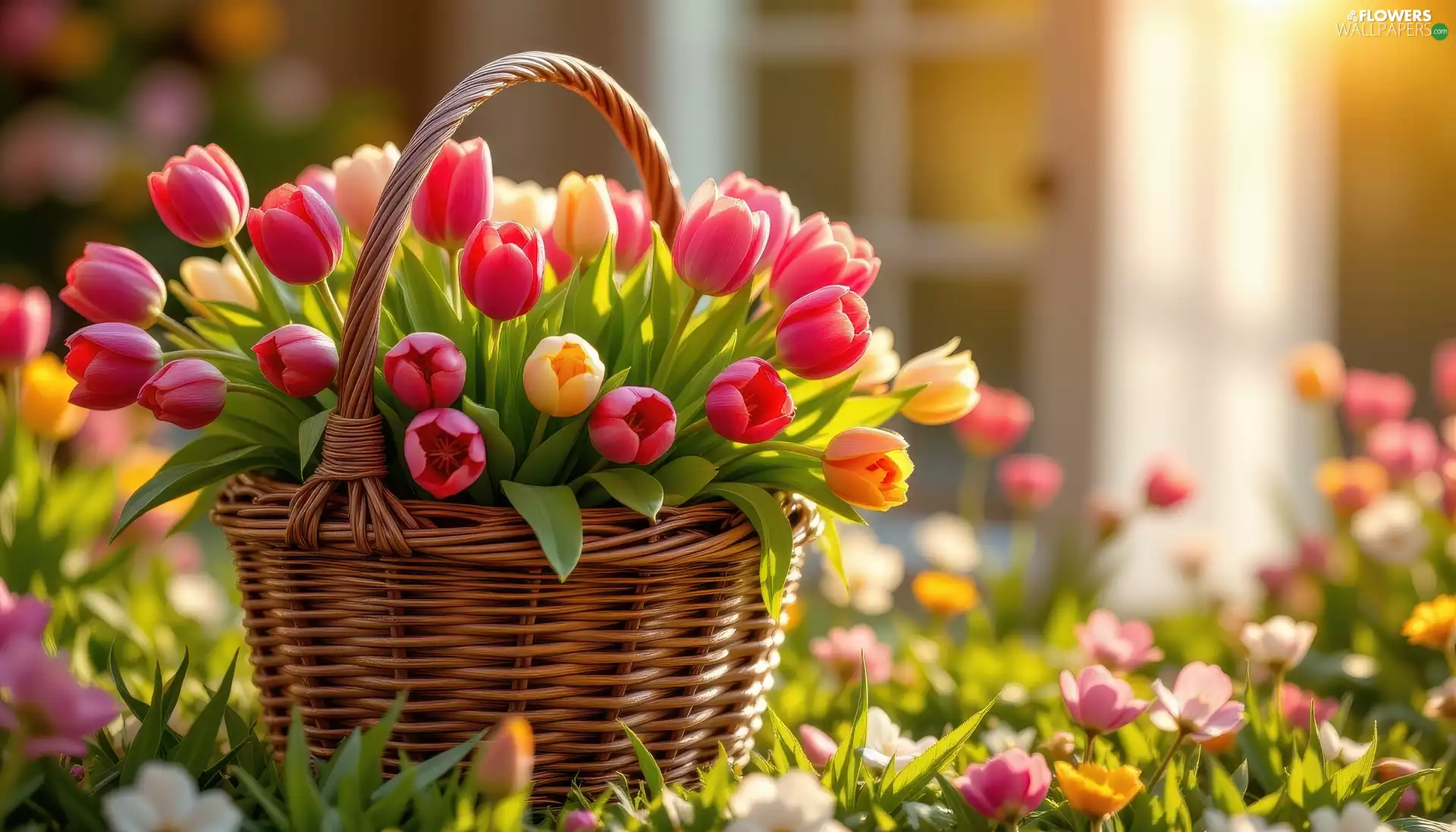 Tulips, basket, Red, Yellow, Flowers