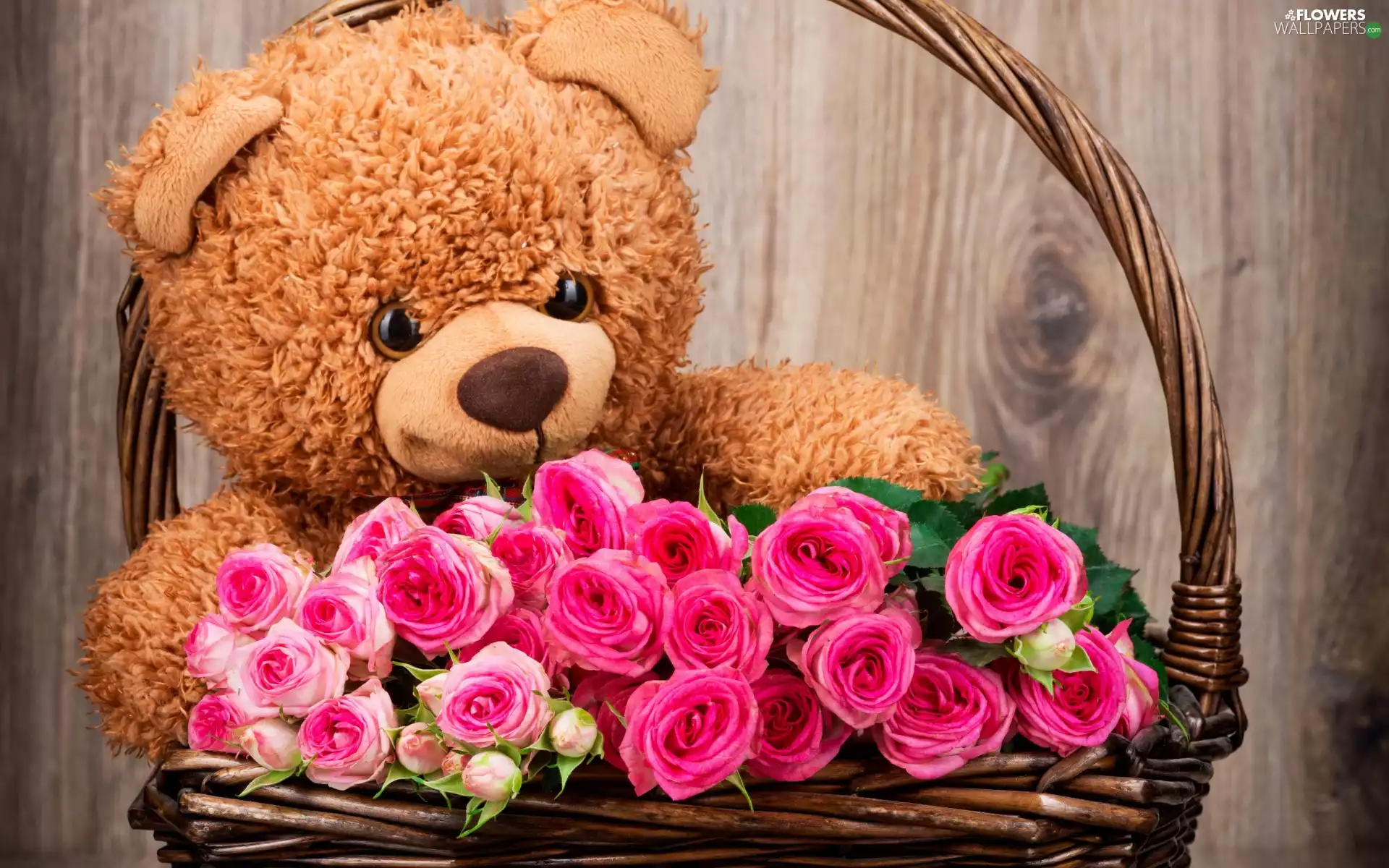 roses, teddy bear, basket