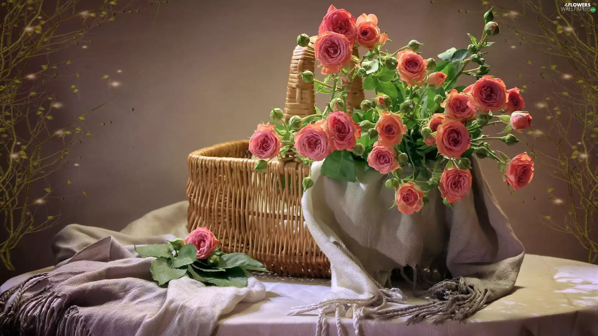 basket, composition, roses