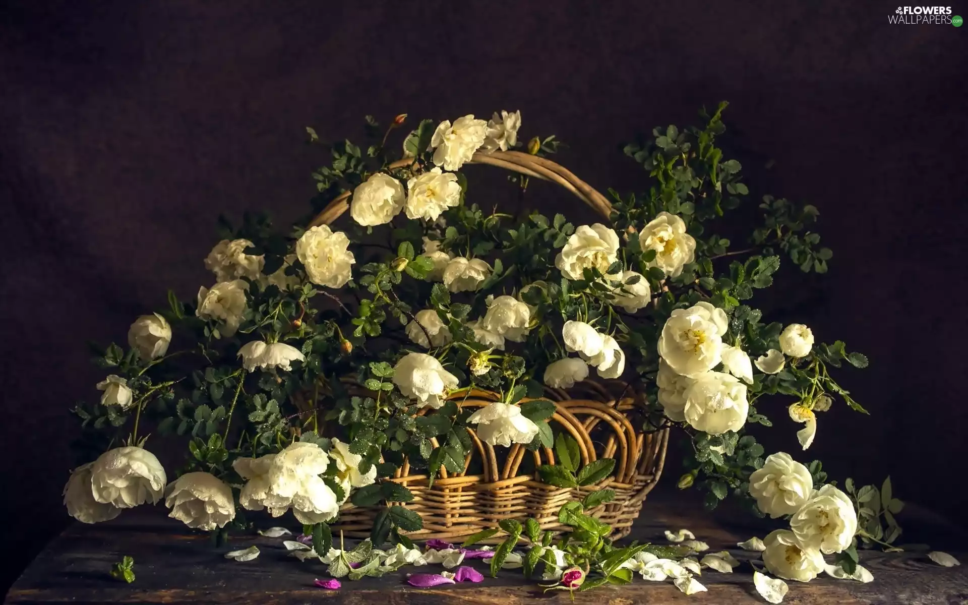 roses, flakes, leaves, basket