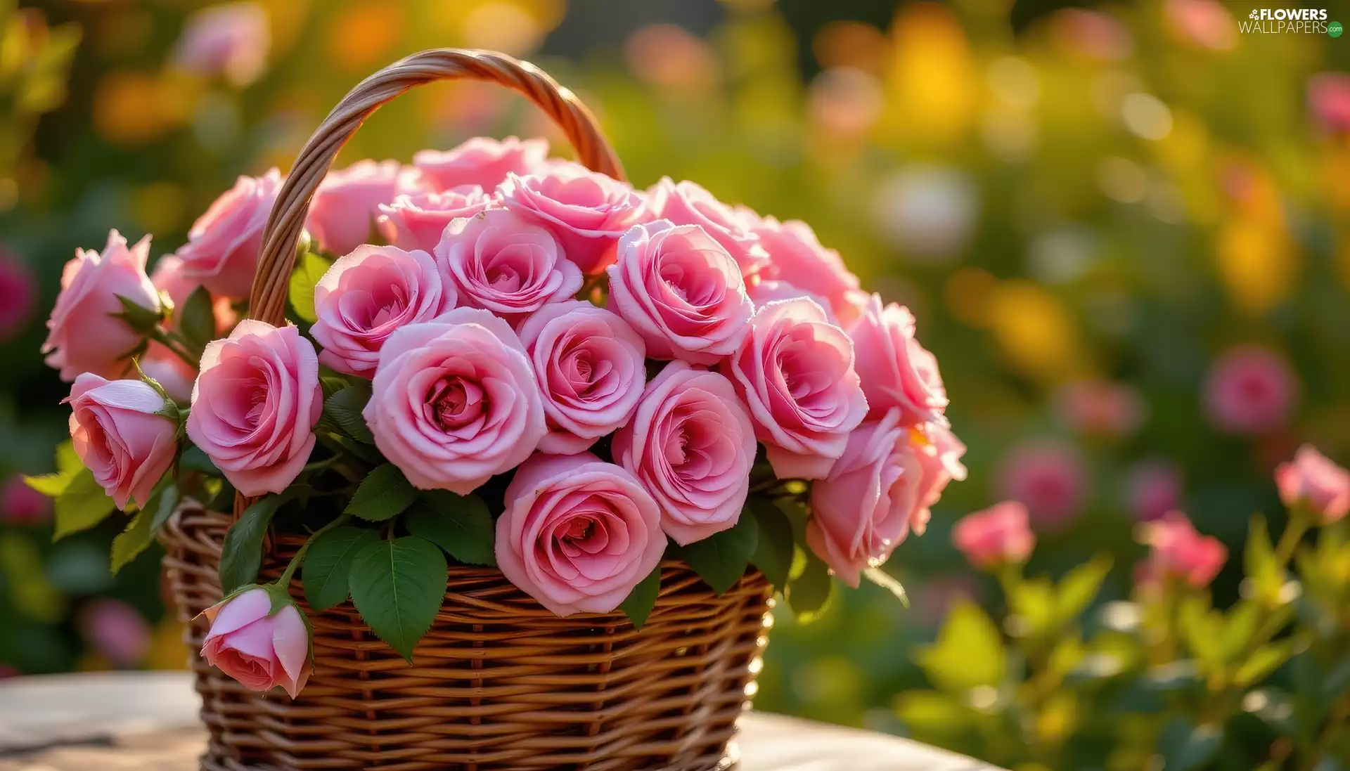 wicker, basket, roses, bouquet, Pink