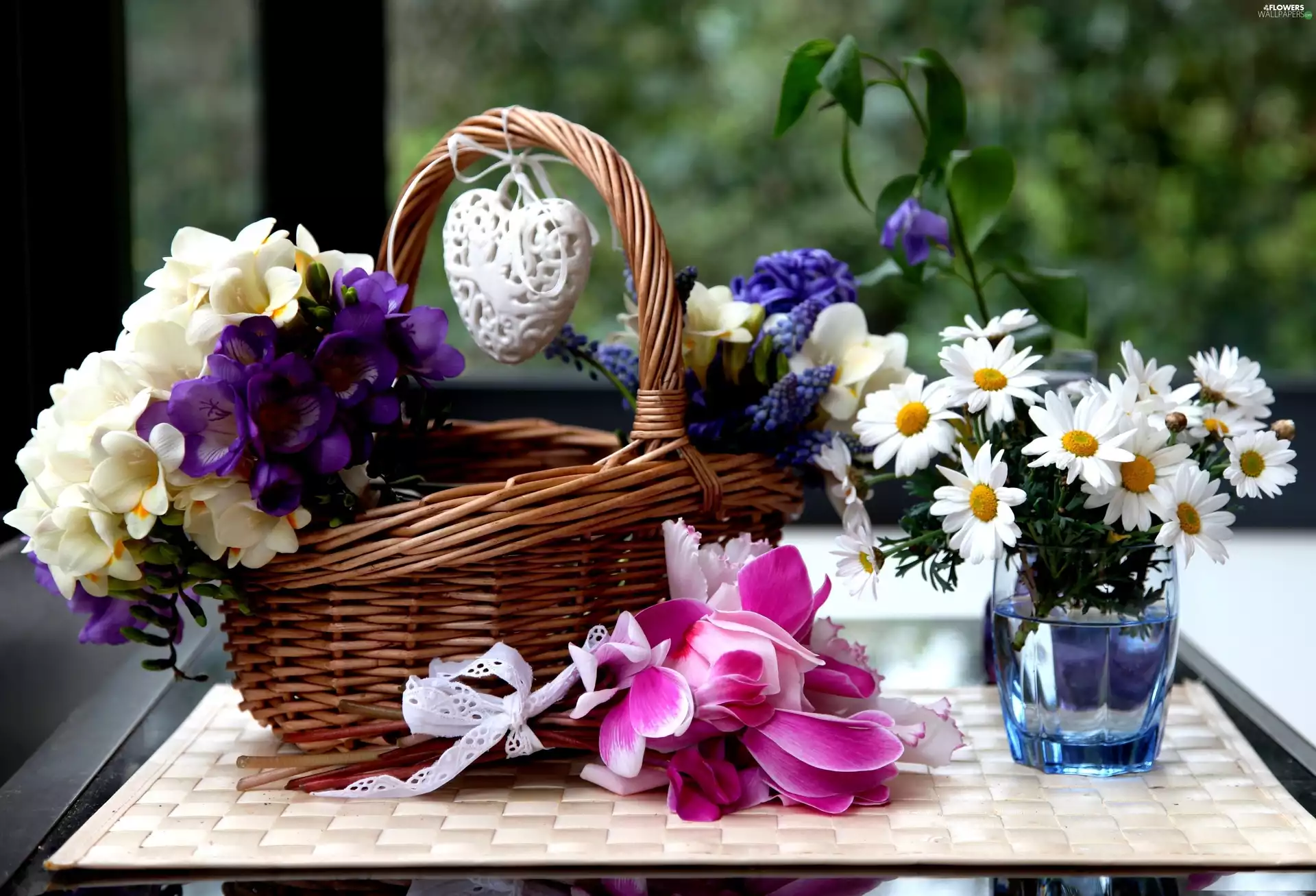 basket, Heart teddybear, flowers, wicker, Bouquets
