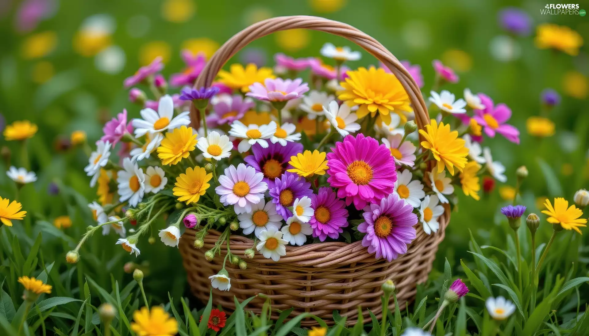 Flowers, color, wicker, basket, bouquet, Wildflowers