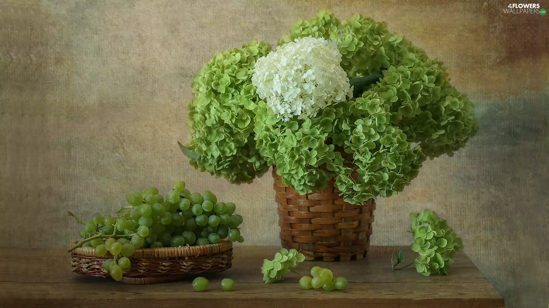 composition, Grapes, Baskets, hydrangeas