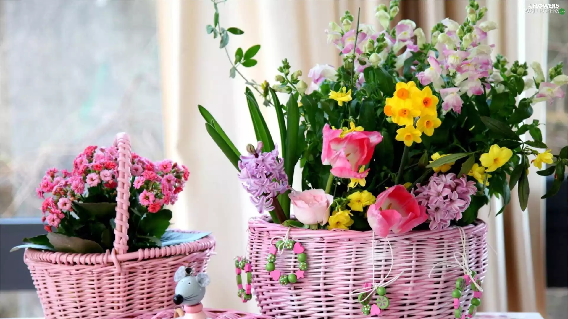 Baskets, Two cars, Bouquets, Flowers, Freesias, roses, Tulips, Daffodils, Hyacinths