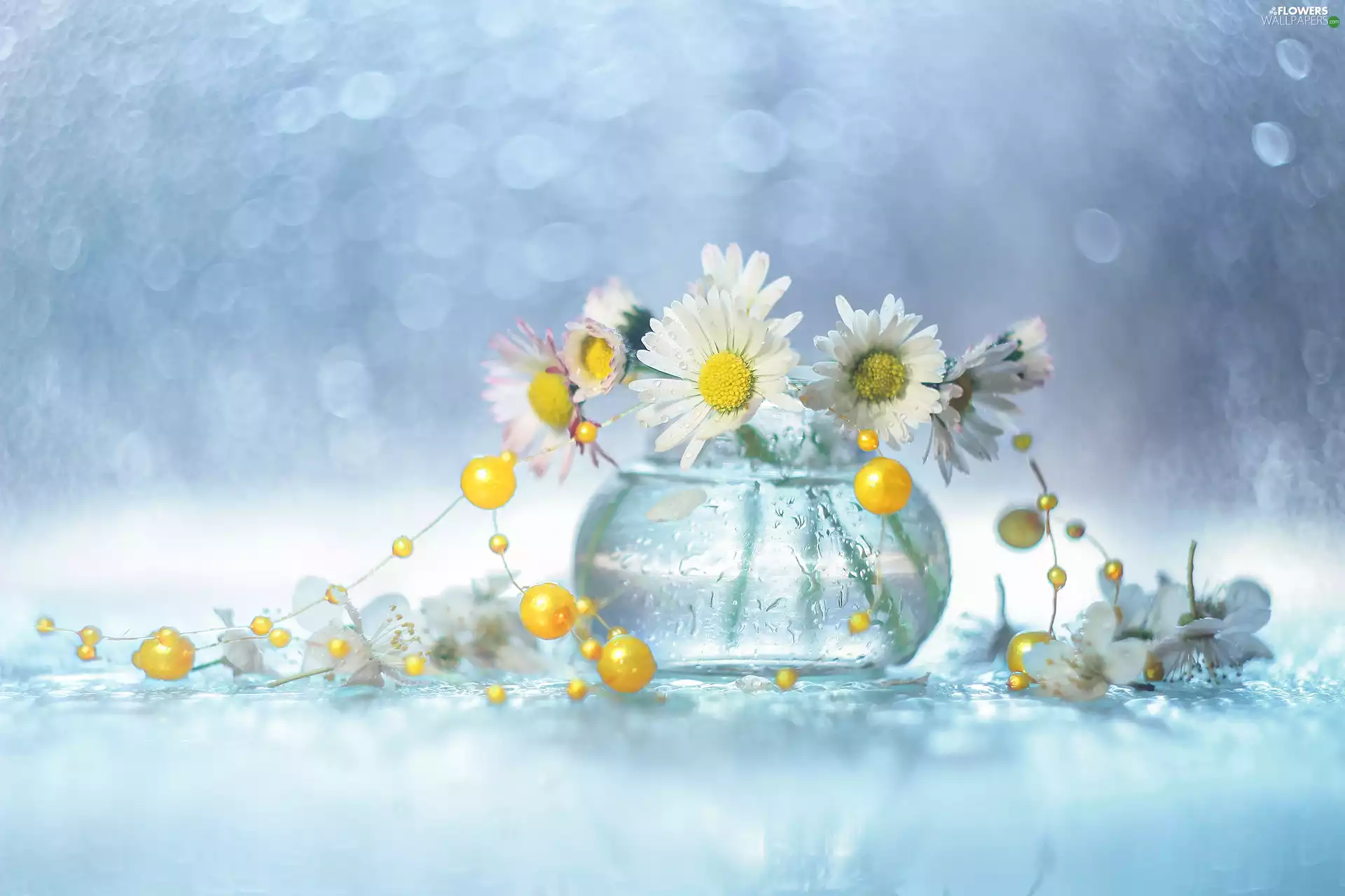 daisies, Yellow, beads, vase