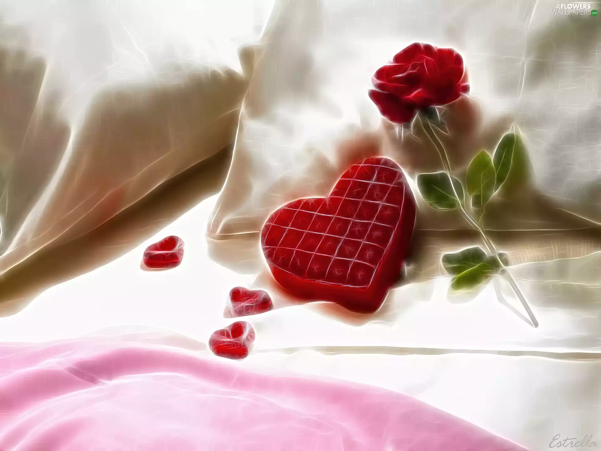 White Bed, Heart, 3D, rose