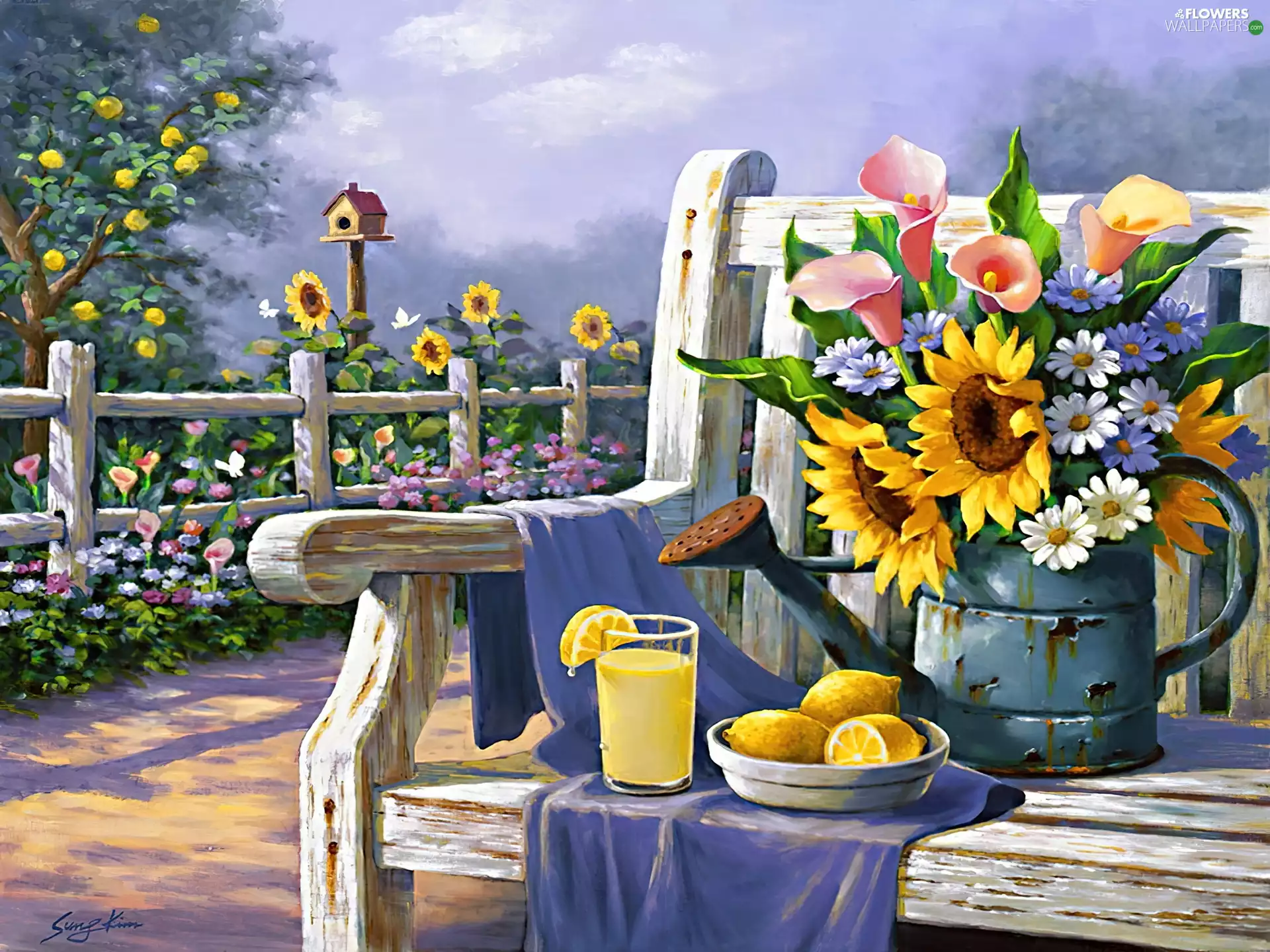 Flowers, Garden, lemons, Nice sunflowers, watering can, Bench
