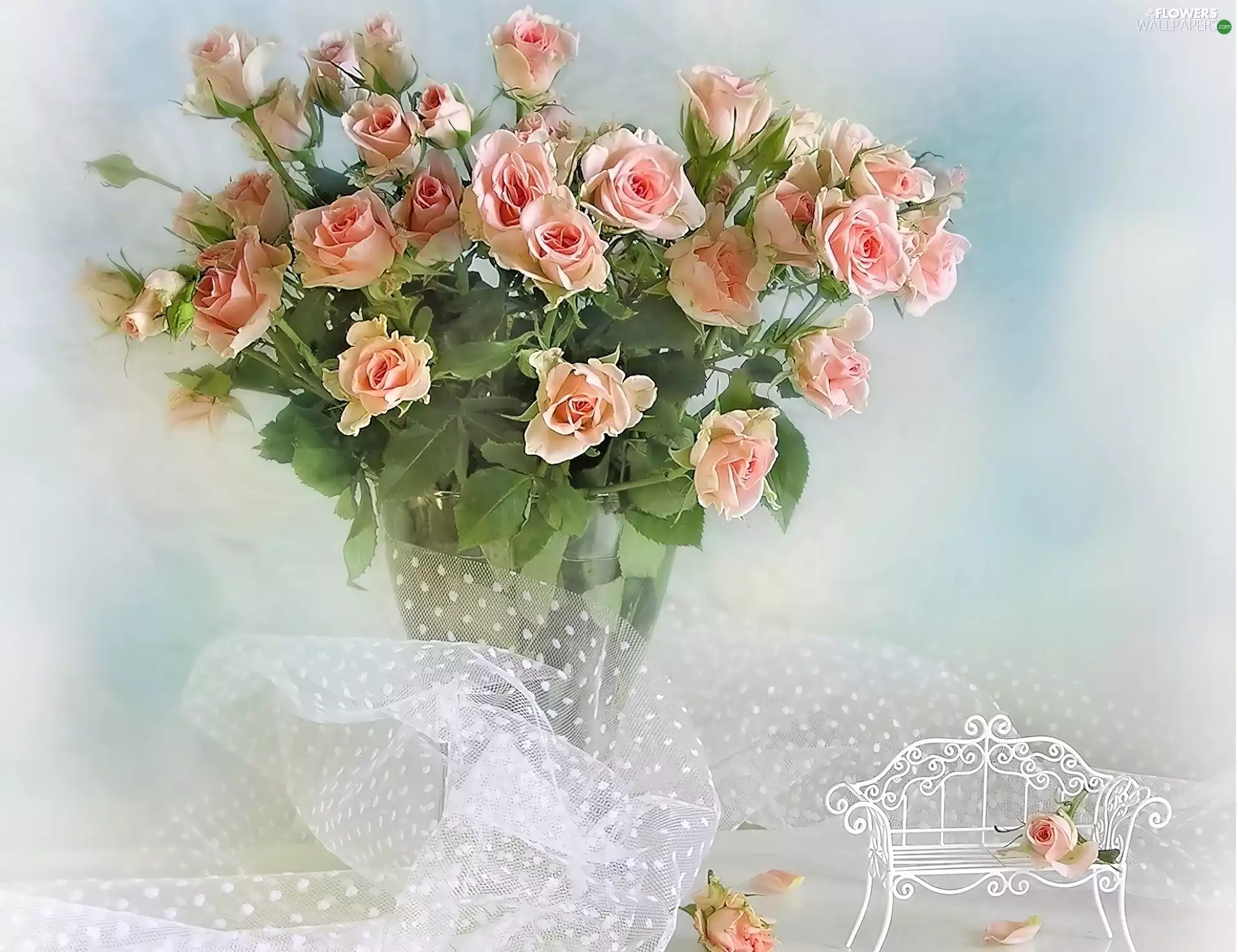 roses, tiny, Miniature, Bench, Vase, Pink