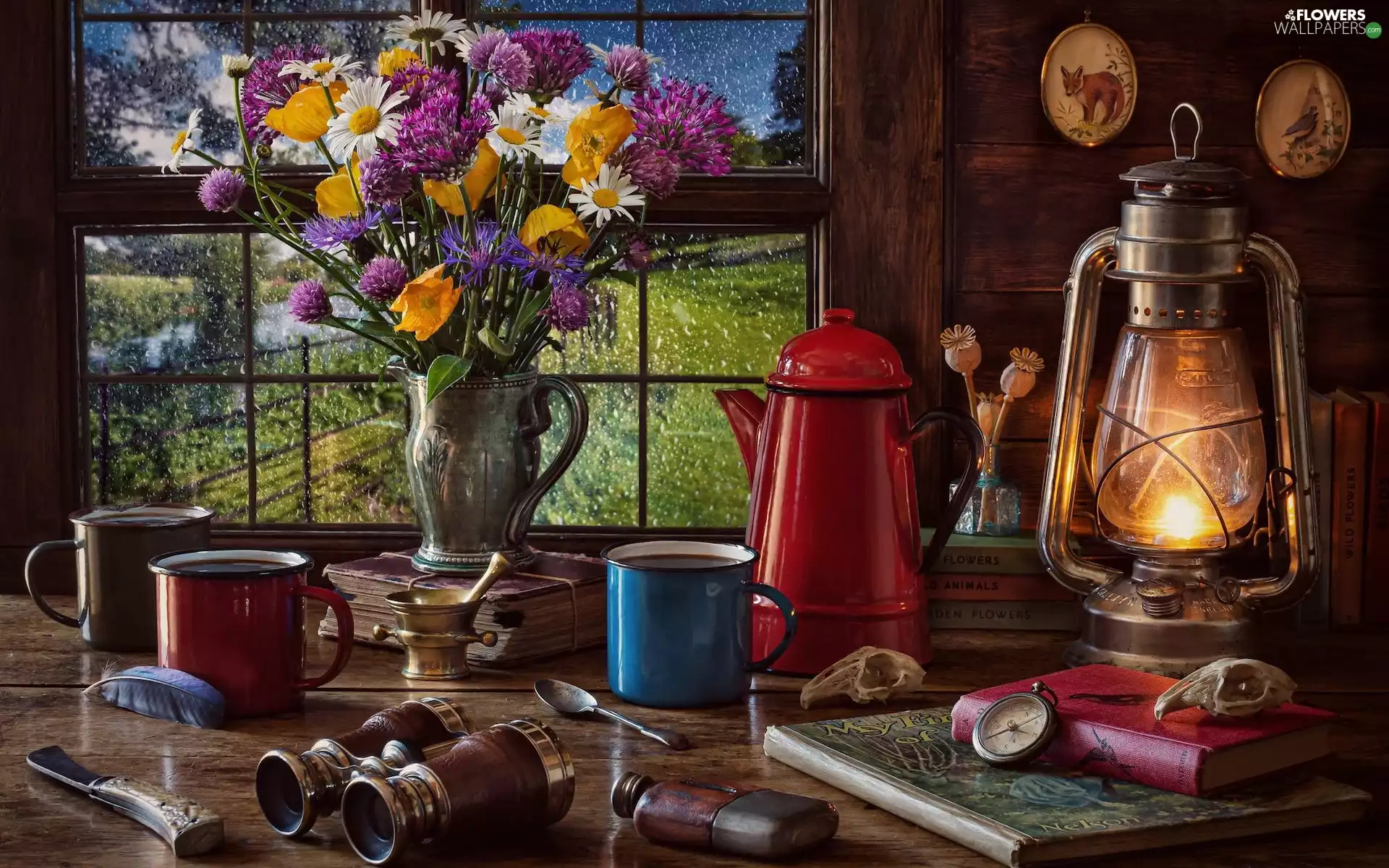 binoculars, Window, Wildflowers, jug, Flowers, composition, bouquet, Mugs, Book, Lamp