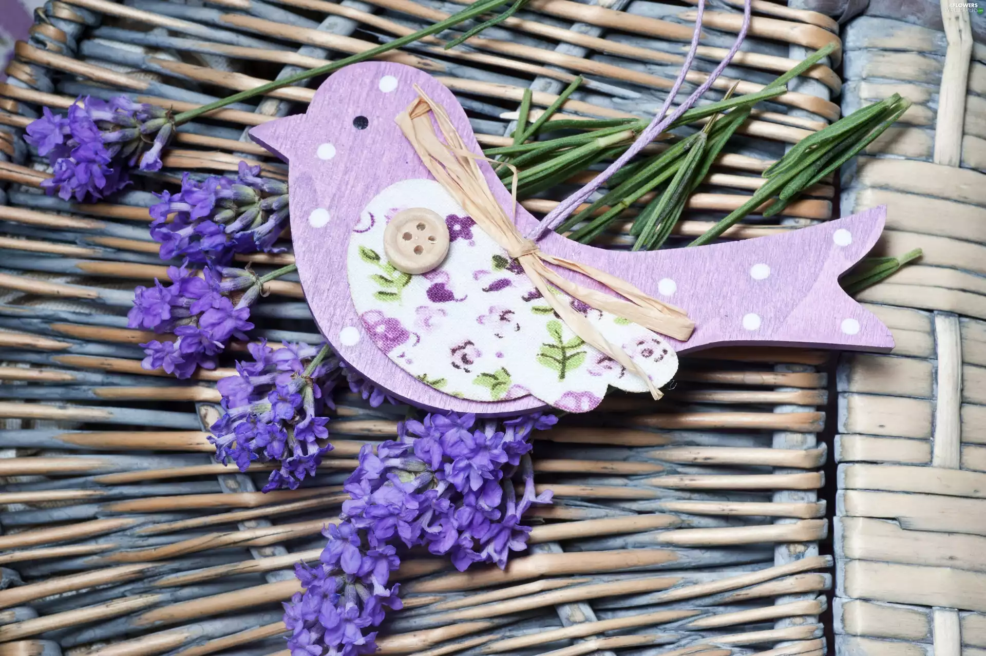 painted, Bird, Flowers, wooden, lavender