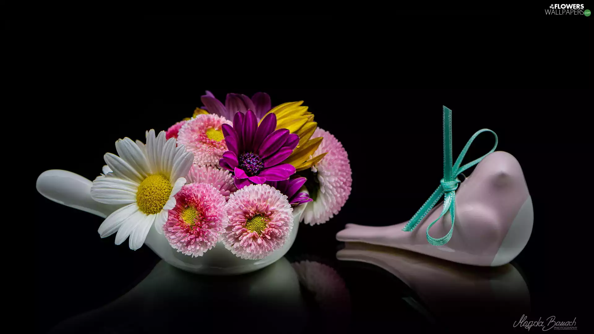 porcelain, birdies, daisies, Daisy, Flowers