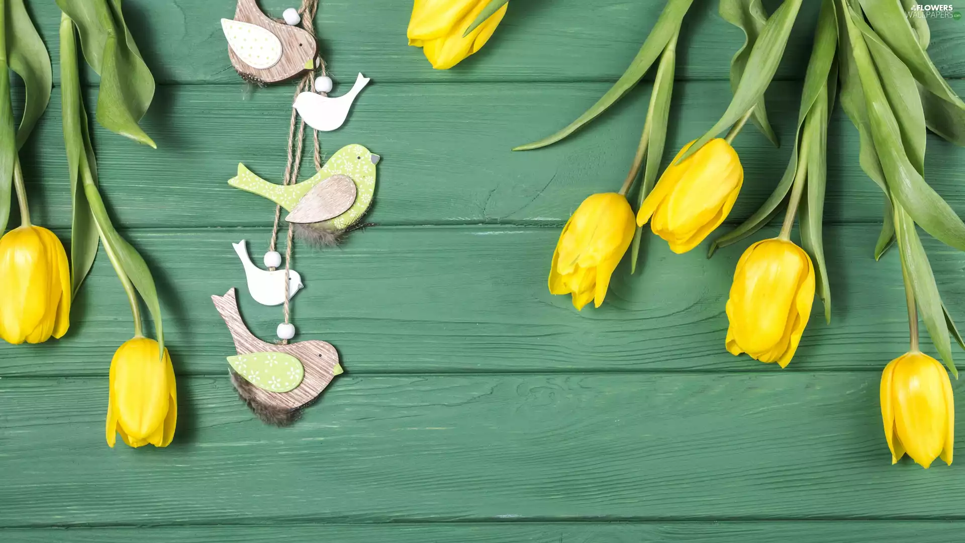 Pendant, Yellow, green ones, Tulips, Flowers, Birds on the log, boarding