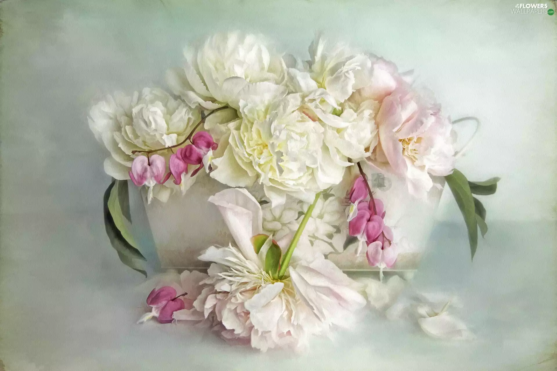 pot, graphics, Peonies, Bleeding Heart, bouquet