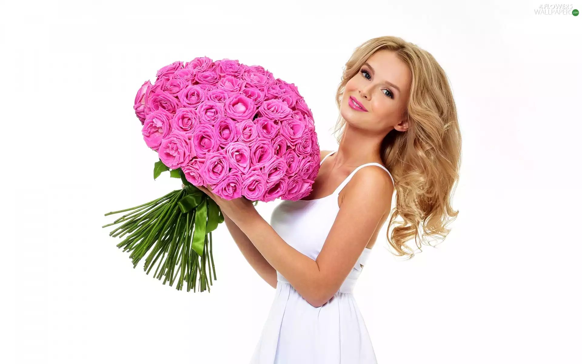 roses, White Background, Blonde, bouquet, Women