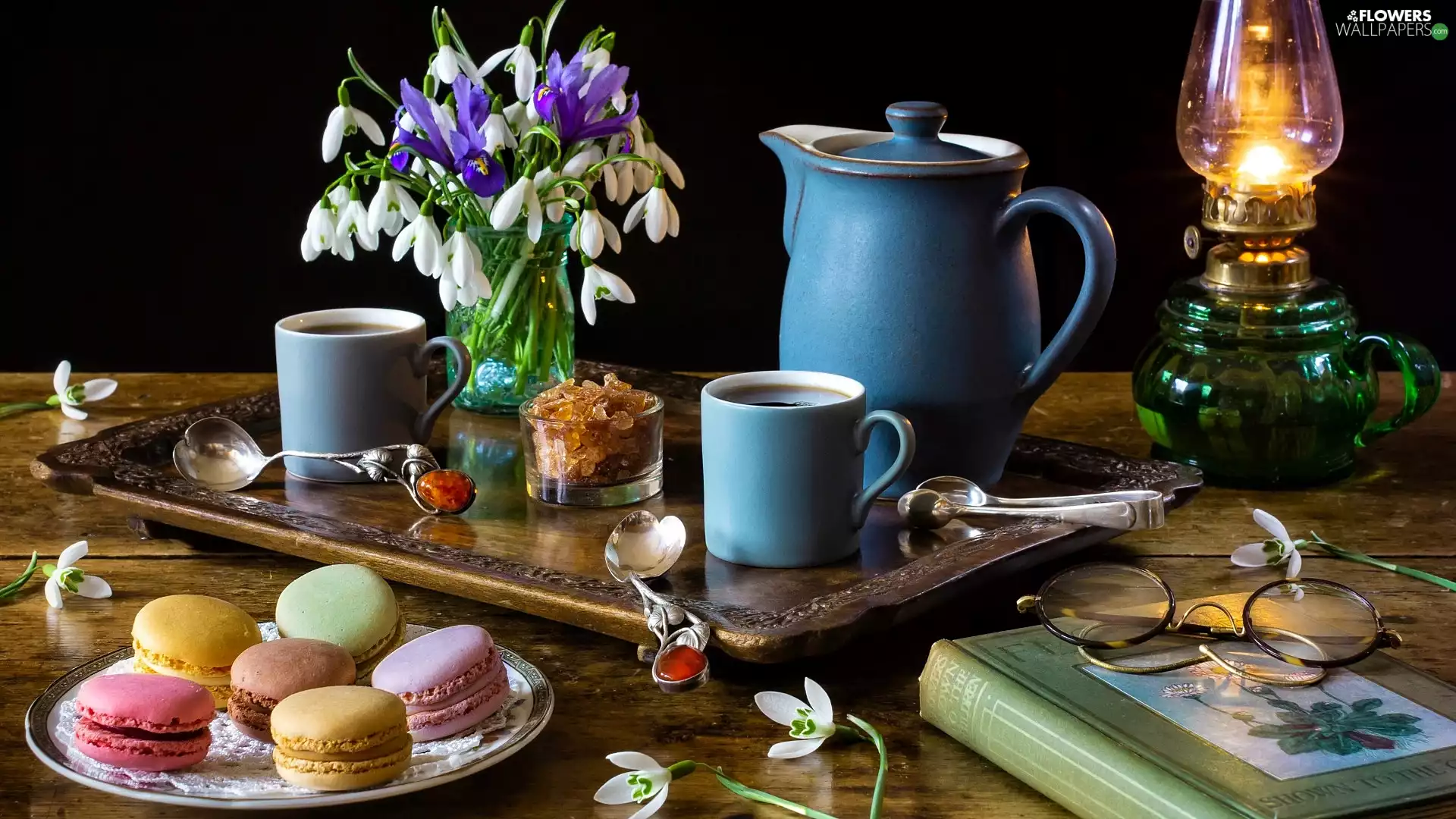Blue, jug, cups, snowdrops, Glasses, Oil Lamp, Macaroons, Book, Tray