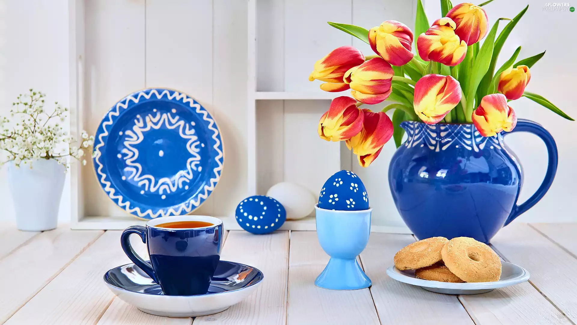 blue, Tulips, Vase, Cookies, eggs, Easter, cup, tea, plate