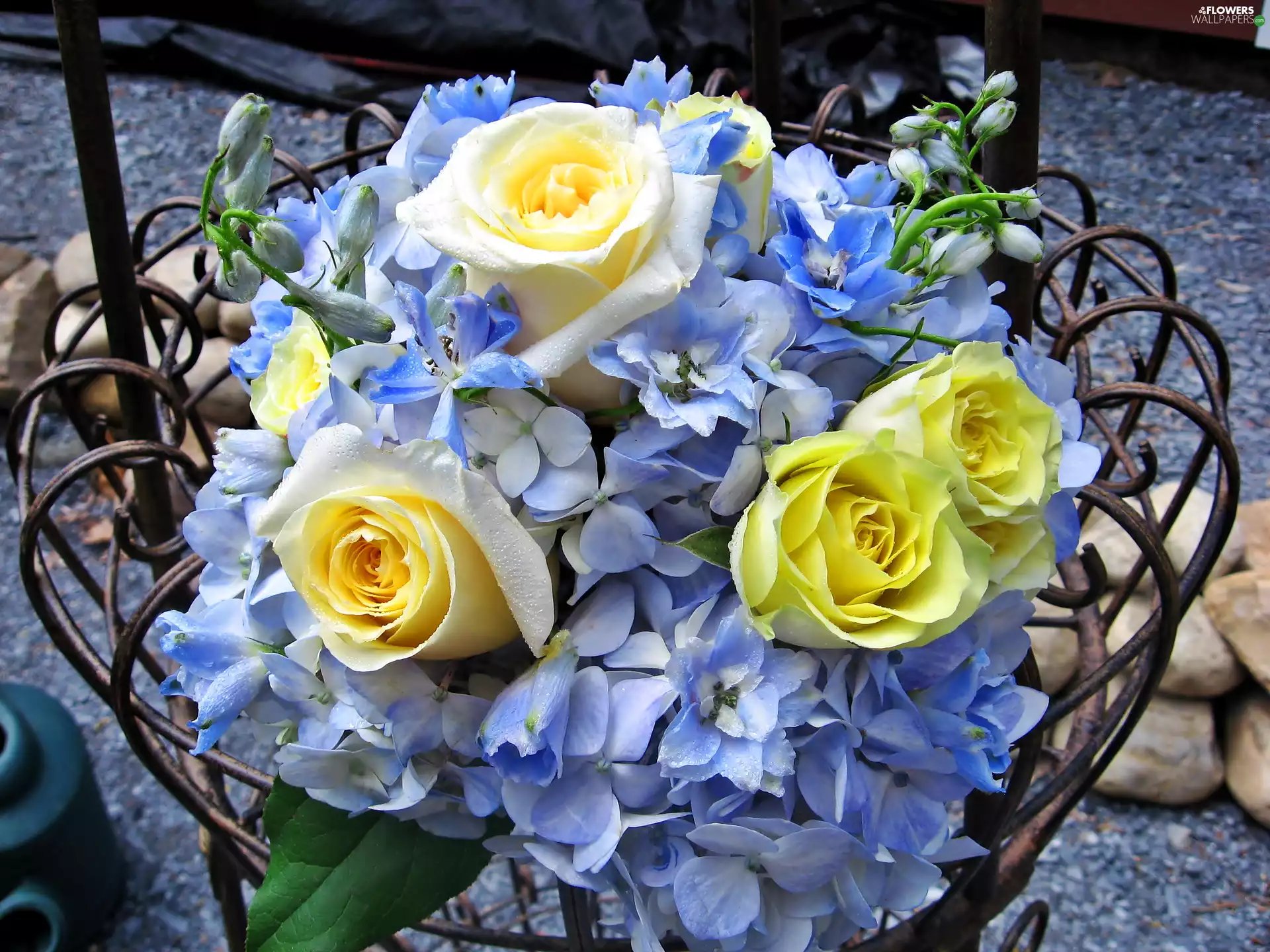 Blue, flowers, yellow, rouge, bouquet