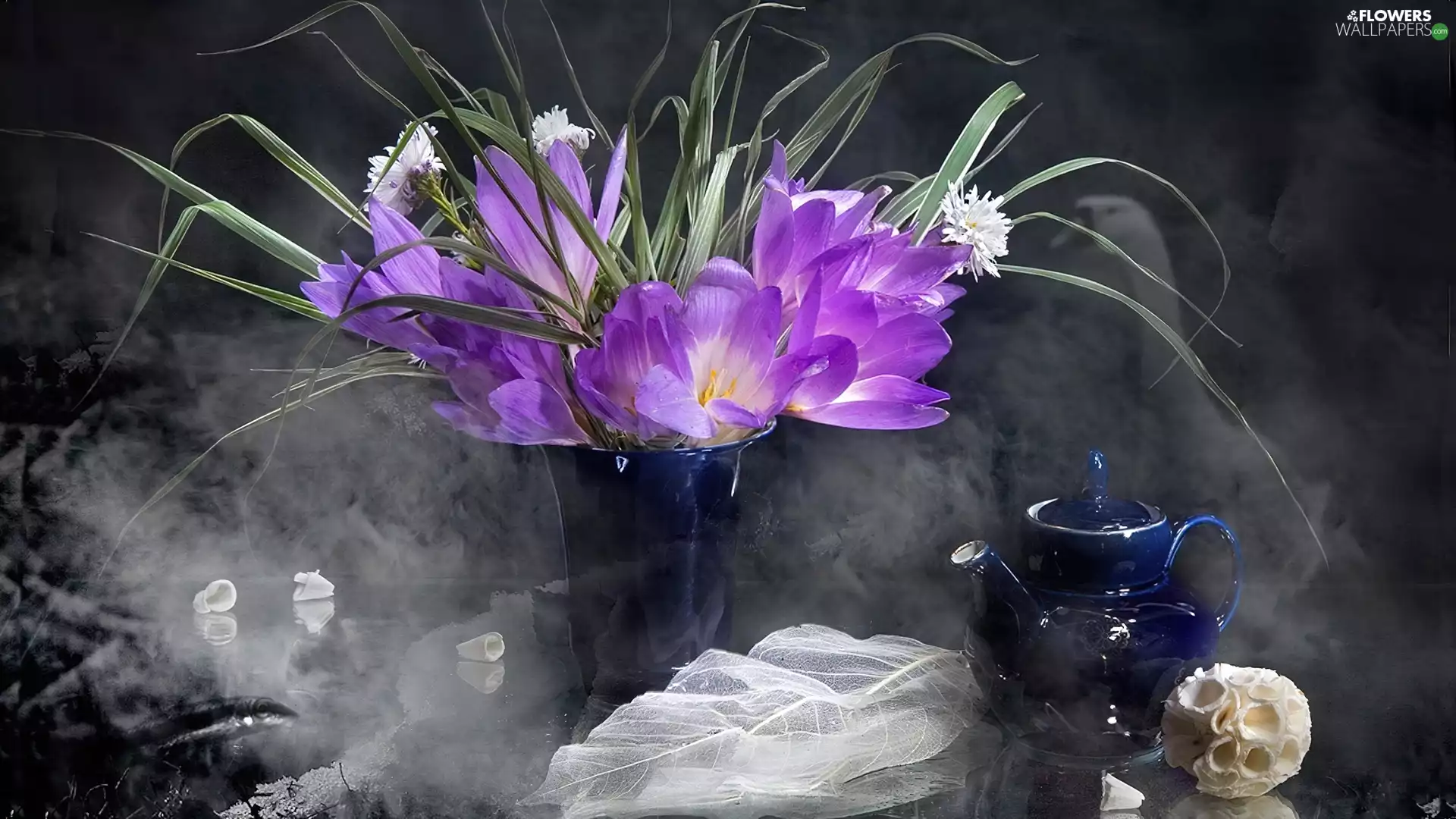 teapot, crocuses, blue