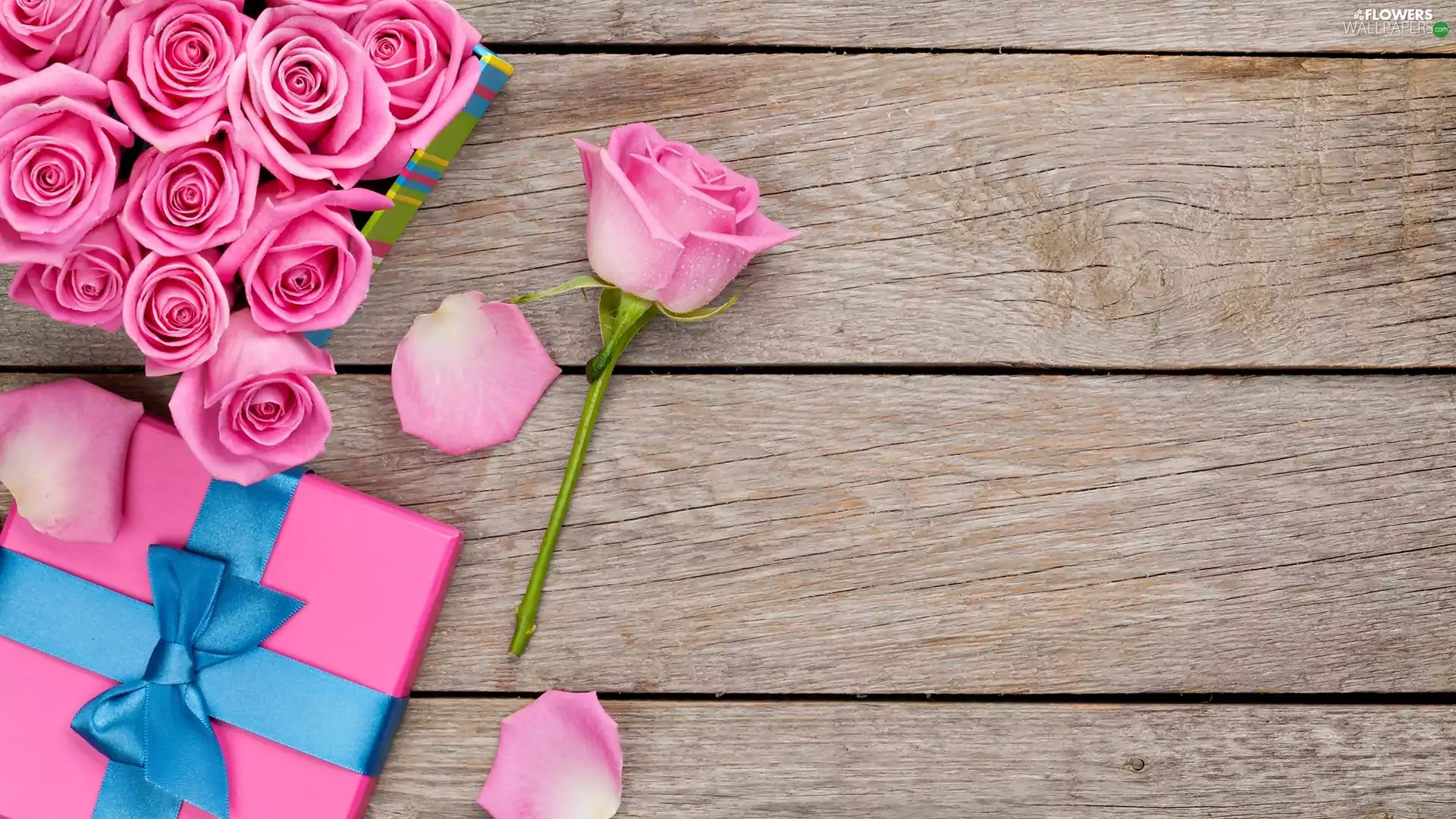 ribbon, Box, Pink, Blue, Present, roses, boarding