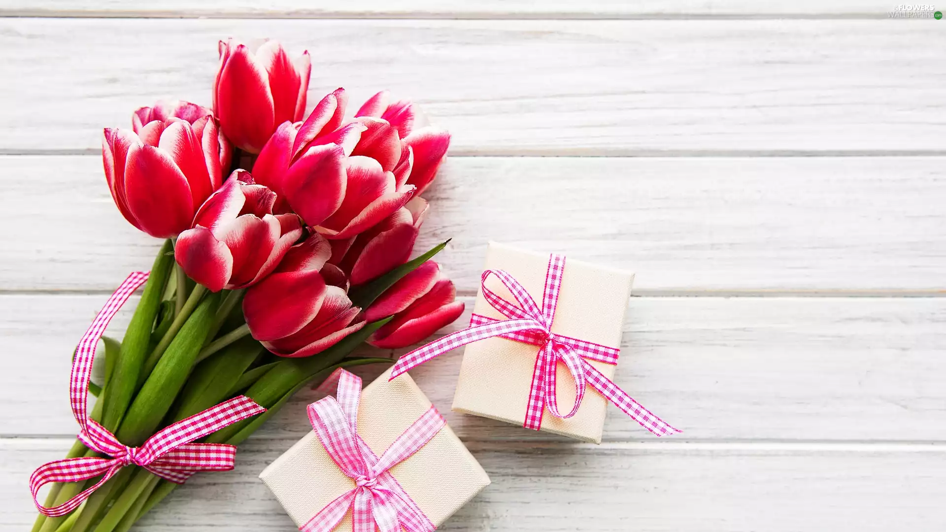 bouquet, Tulips, gifts, ribbon, Red, Two cars, boarding