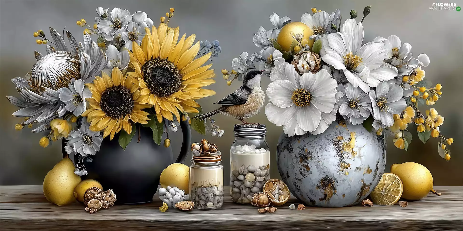 Vase, Flowers, Jars, Nice sunflowers, Bouquets, Bird, boarding