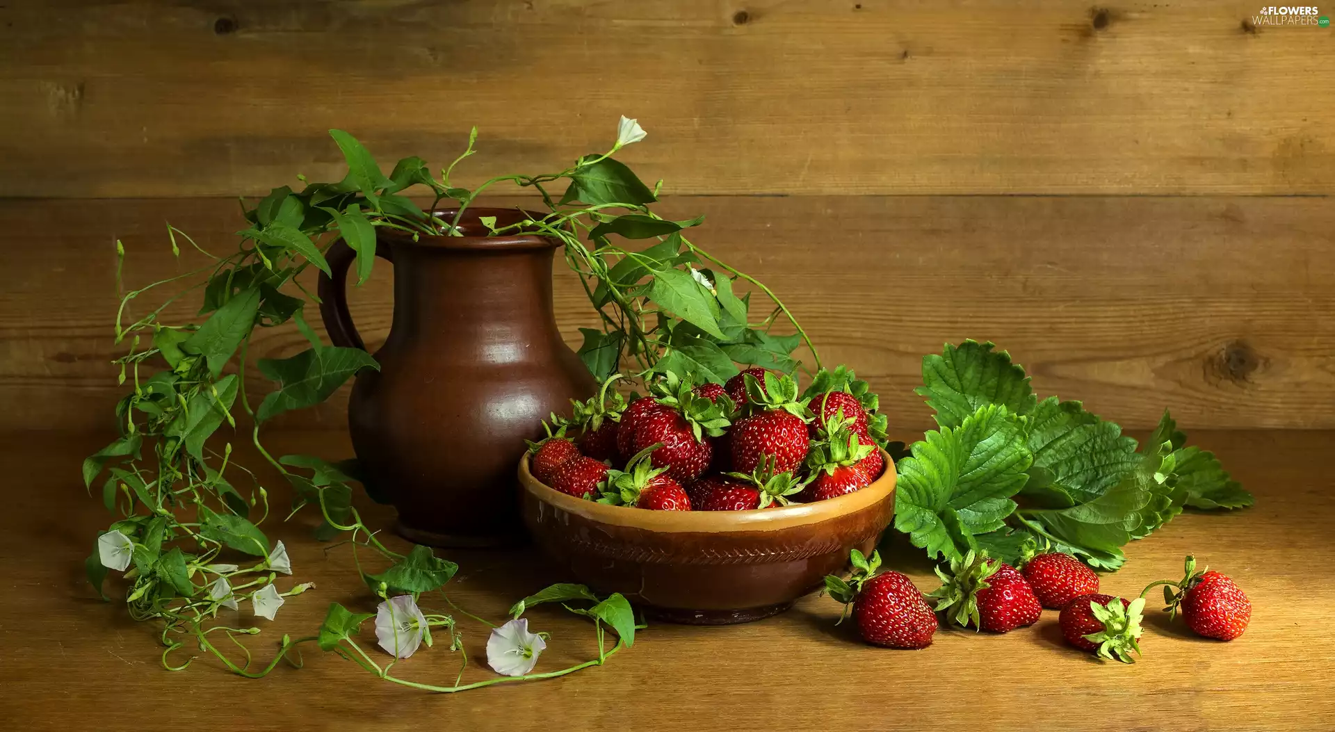 strawberries, pitcher, Leaf, Field Bindweed, earthen, bowl, boarding