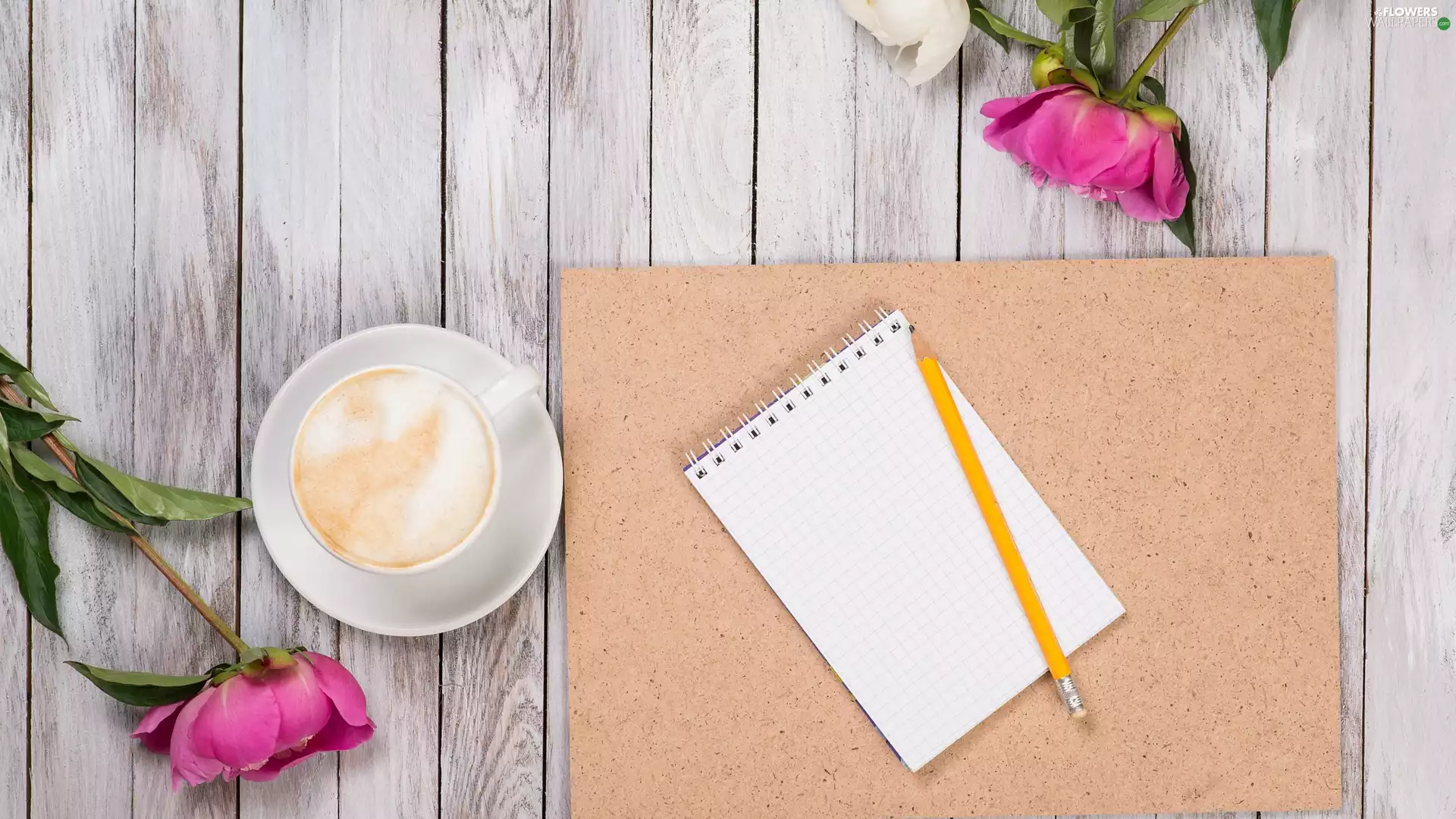 cup, Peonies, pencil, coffee, composition, note-book, boarding