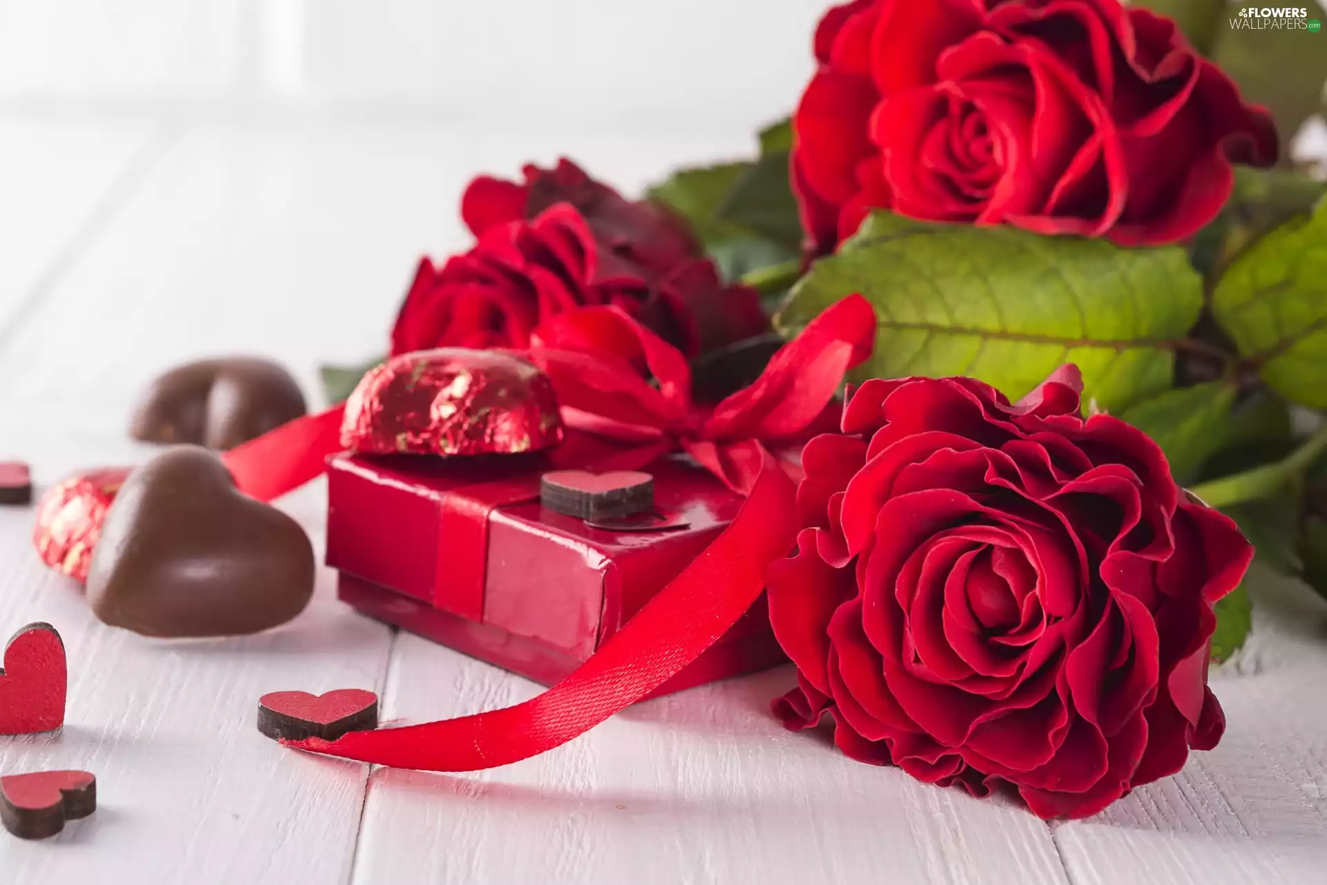 Flowers, Red, Chocolates, boarding, Present, roses