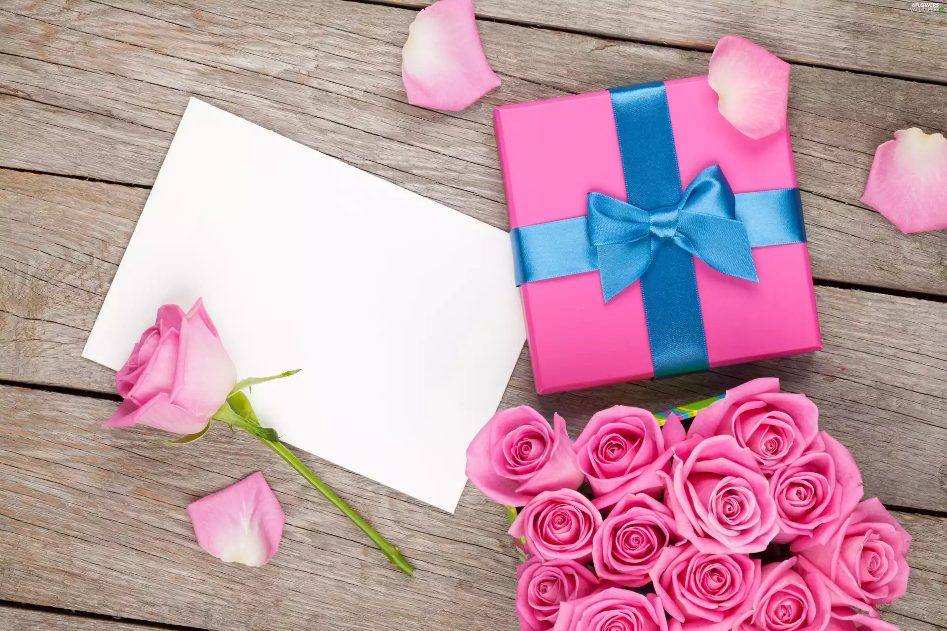 card, boarding, roses, Present, composition