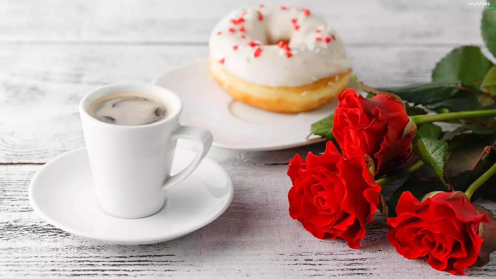 Cup, Three, doughnut, boarding, coffee, roses