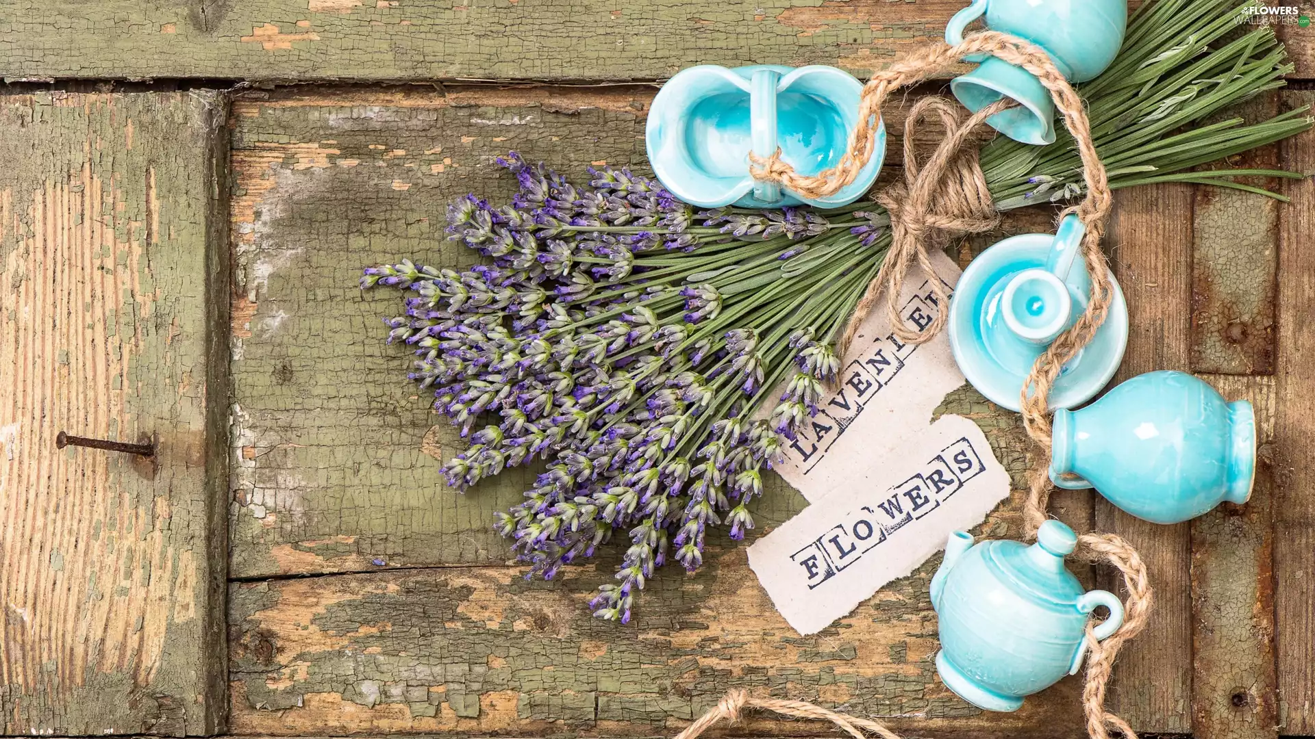 old, lavender, dishes, twine, composition, boarding, text