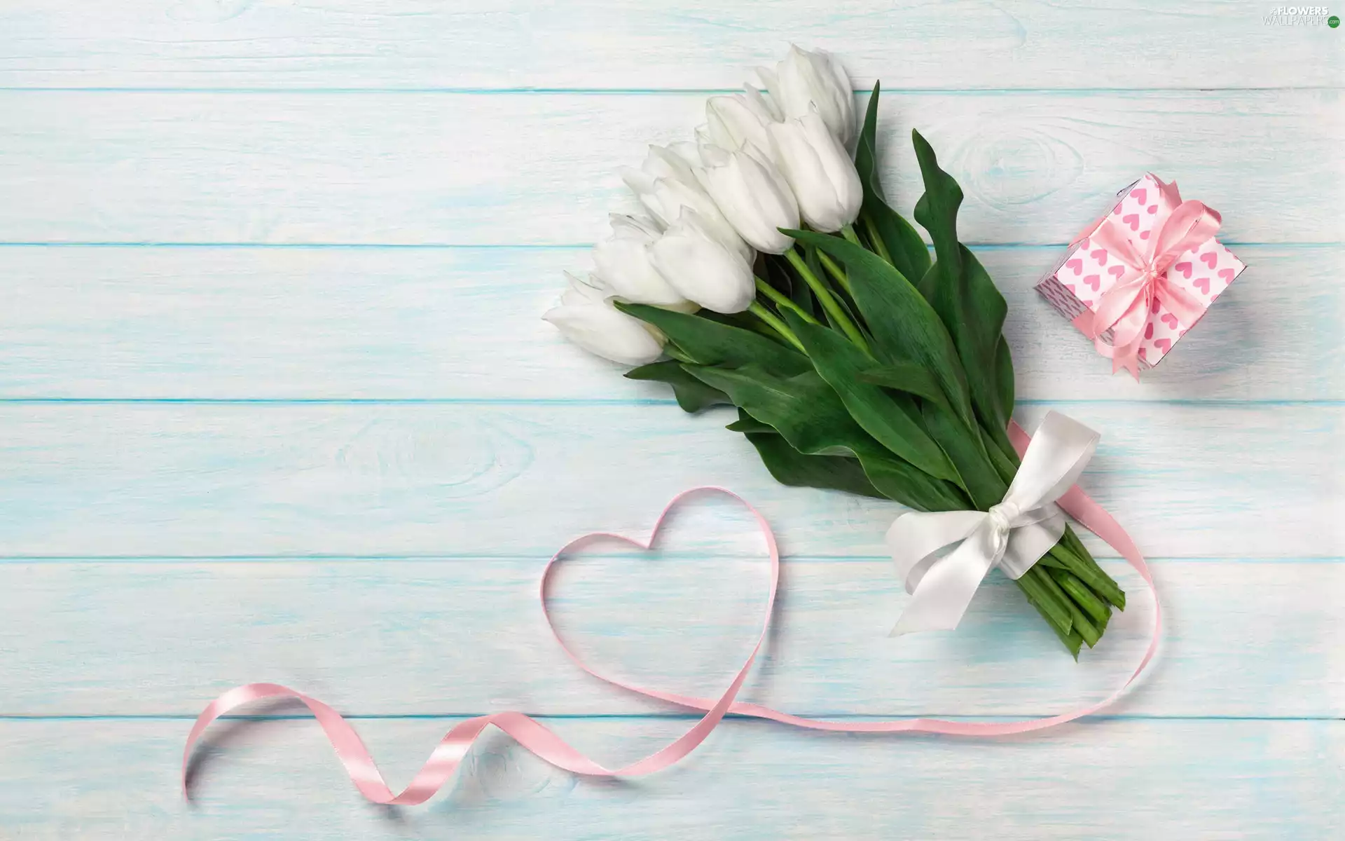 Present, White, heart, boarding, Ribbons, Tulips