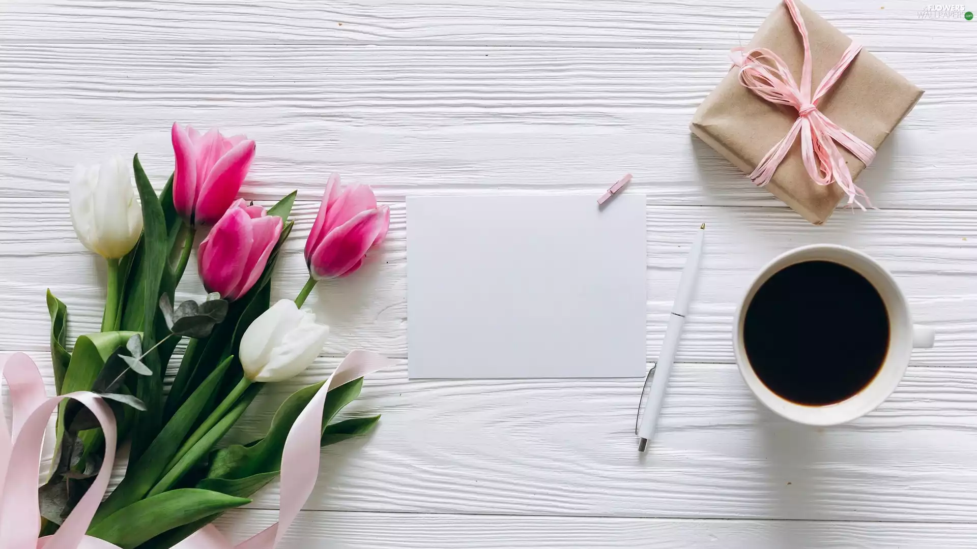 card, coffee, Present, boarding, pen, Tulips