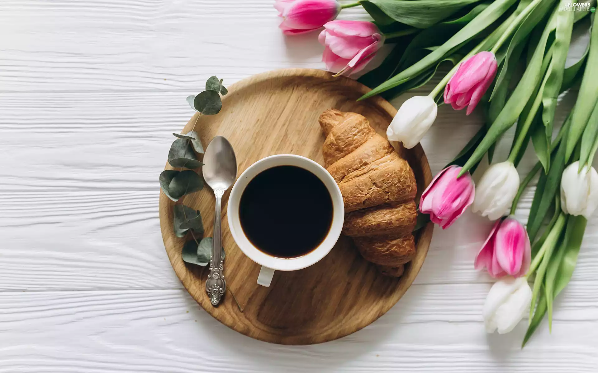 Tray, bouquet, Tulips, teaspoon, coffee, Flowers, white and pink, boarding, cup, twirl