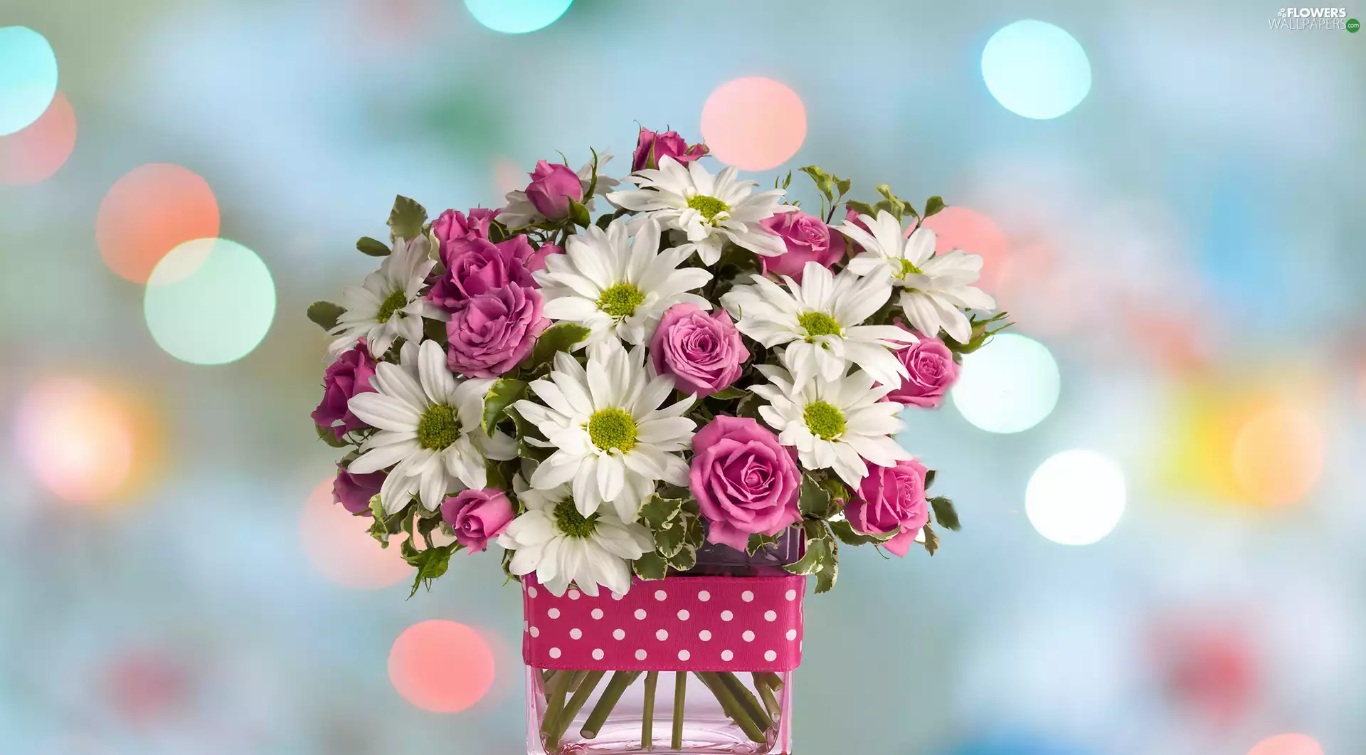 roses, bouquet, Vase, Bokeh, Chrysanthemums, Flowers