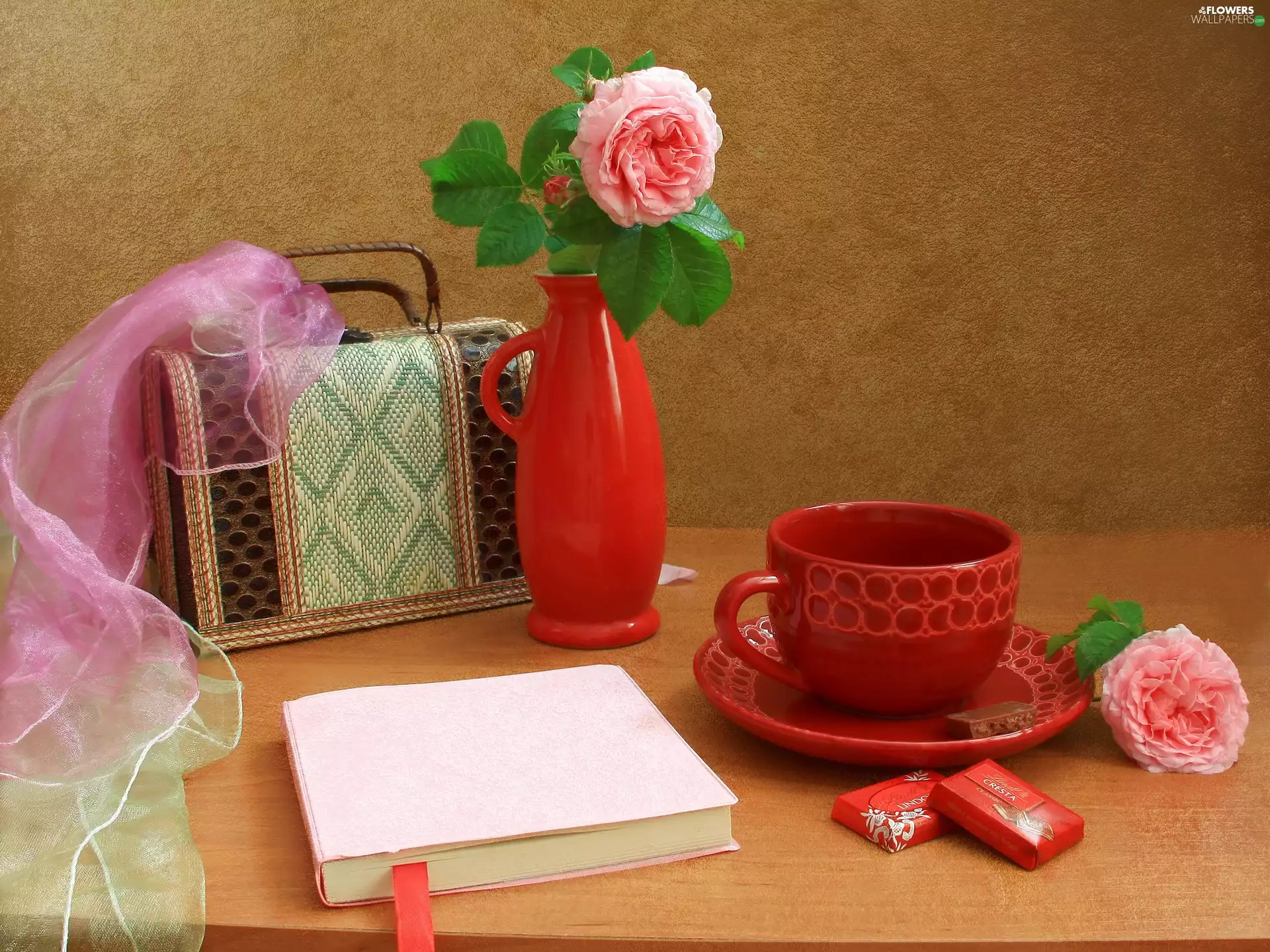 Book, Chocolates, roses, china, Pink