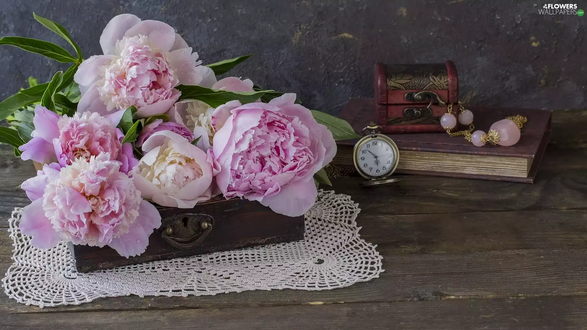 Peonies, casket, napkin, trunk, Watch, Pink, Flowers, Book