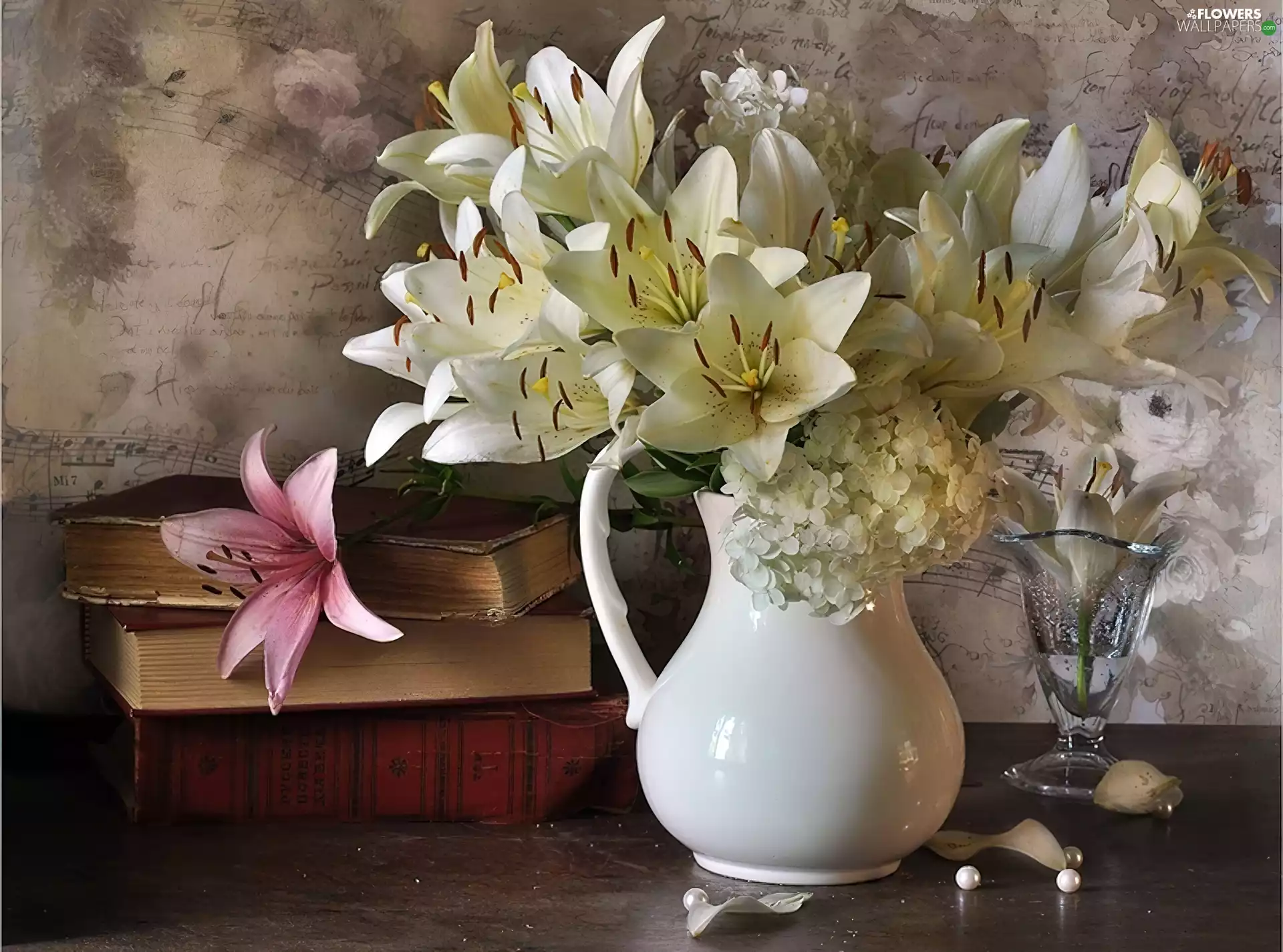 White, White, glass, Book, lilies, pitcher