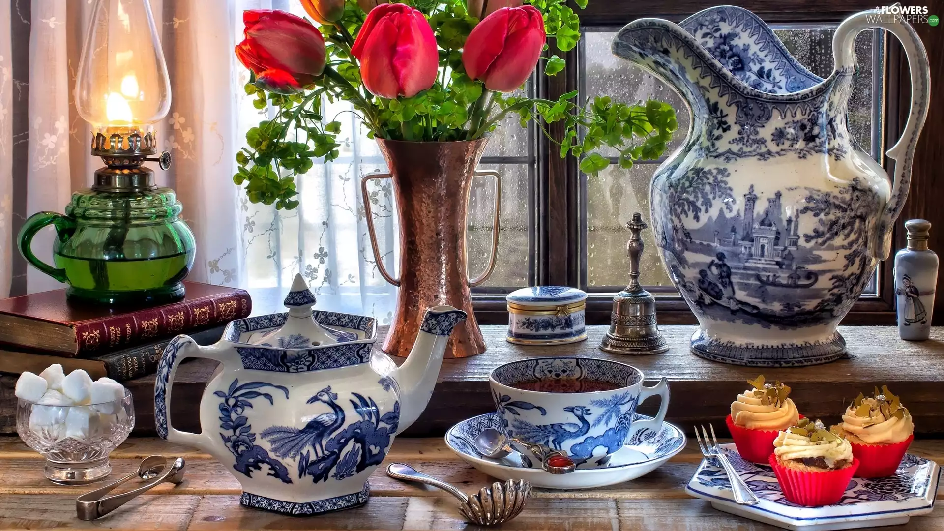 Books, jug, bouquet, teapot, Tulips, Oil Lamp, composition, cup