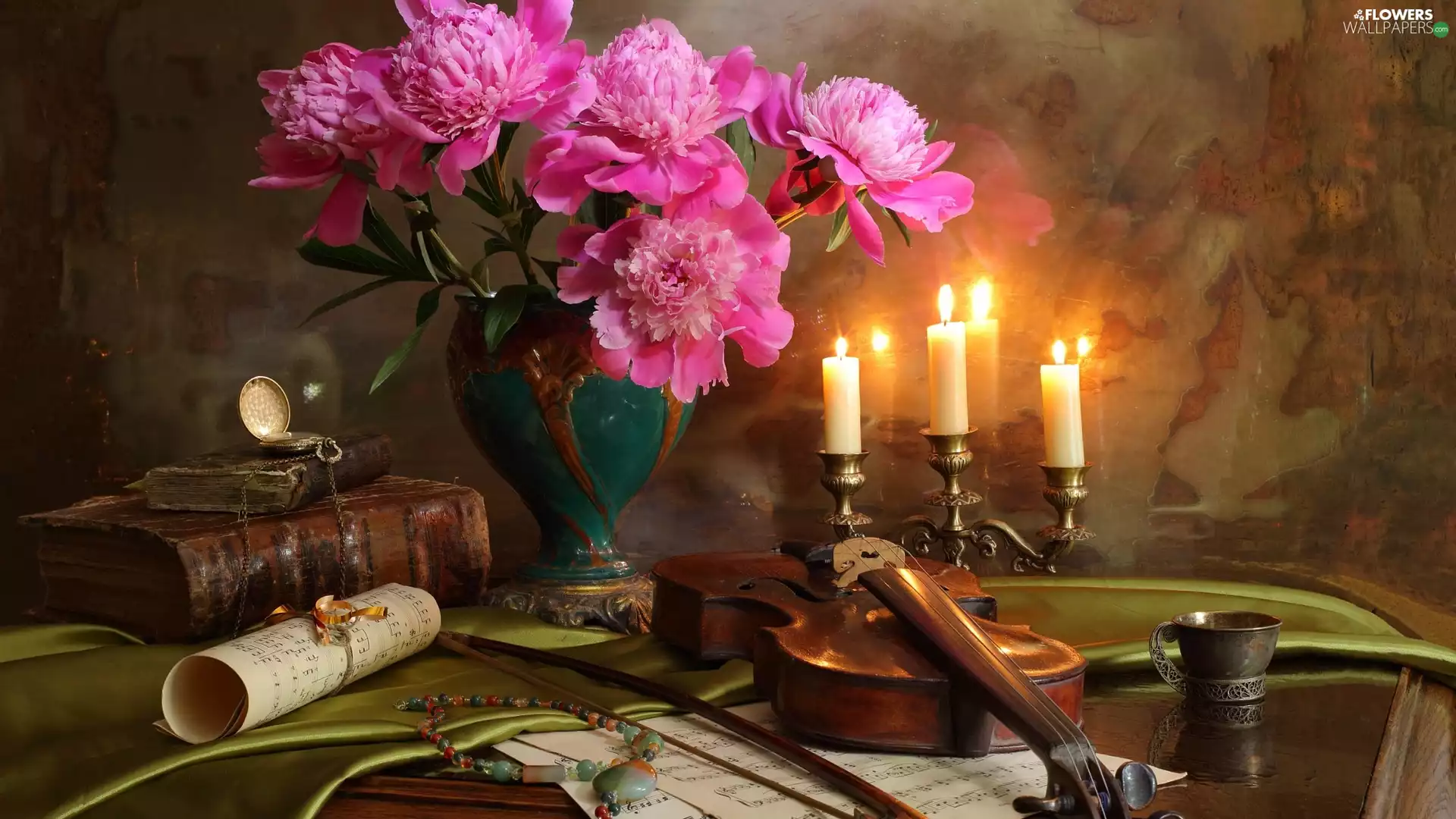 Candles, composition, Tunes, Books, violin, Peonies