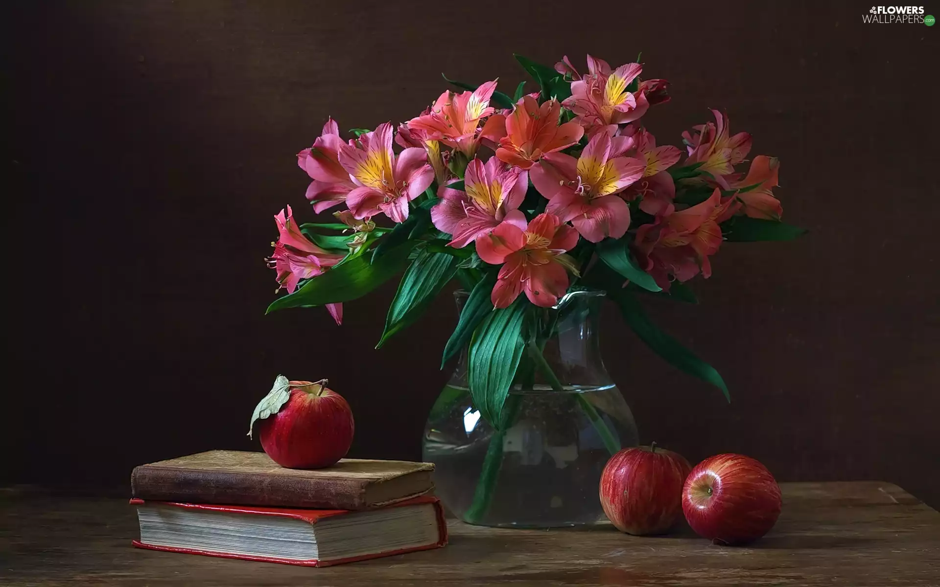 apples, Books, pink, flowers, bouquet