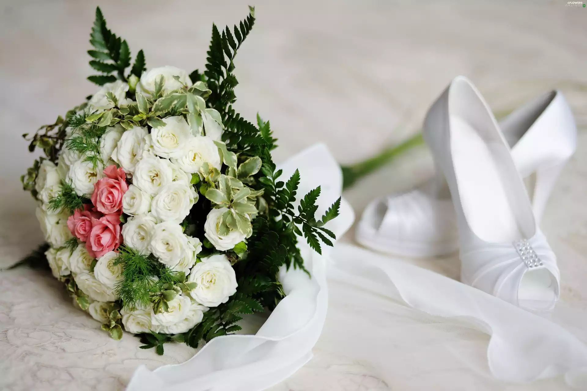 White, Boots, bouquet, roses, wedded