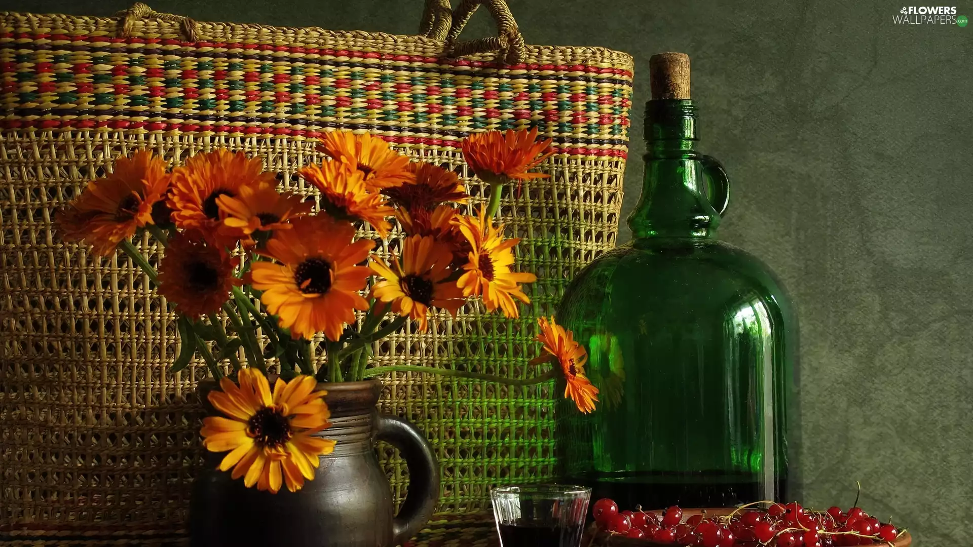 basket, daisy, Bottle, Orange