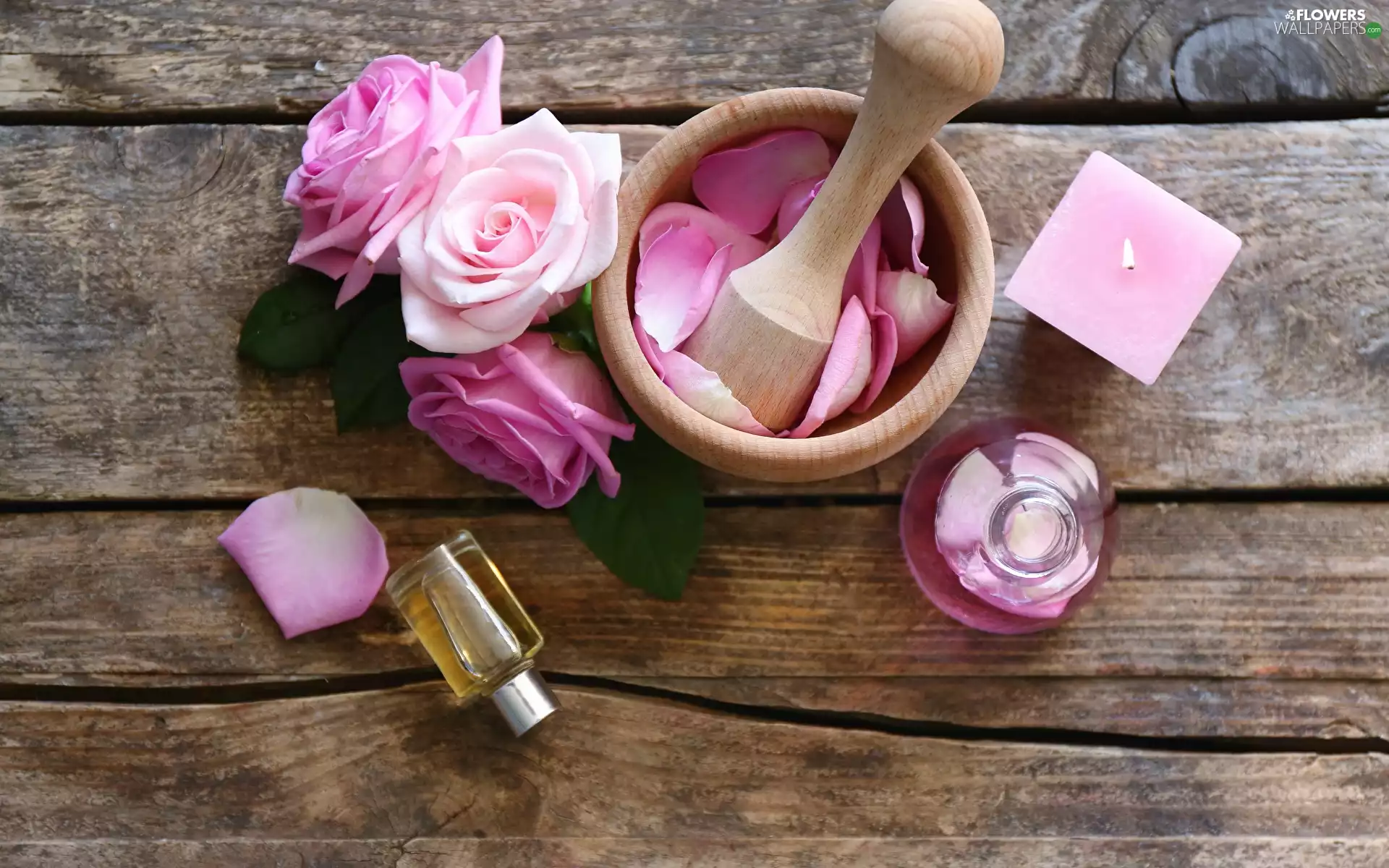 roses, Leaves, candle, mortar, essential, Flowers, Spa, bottle