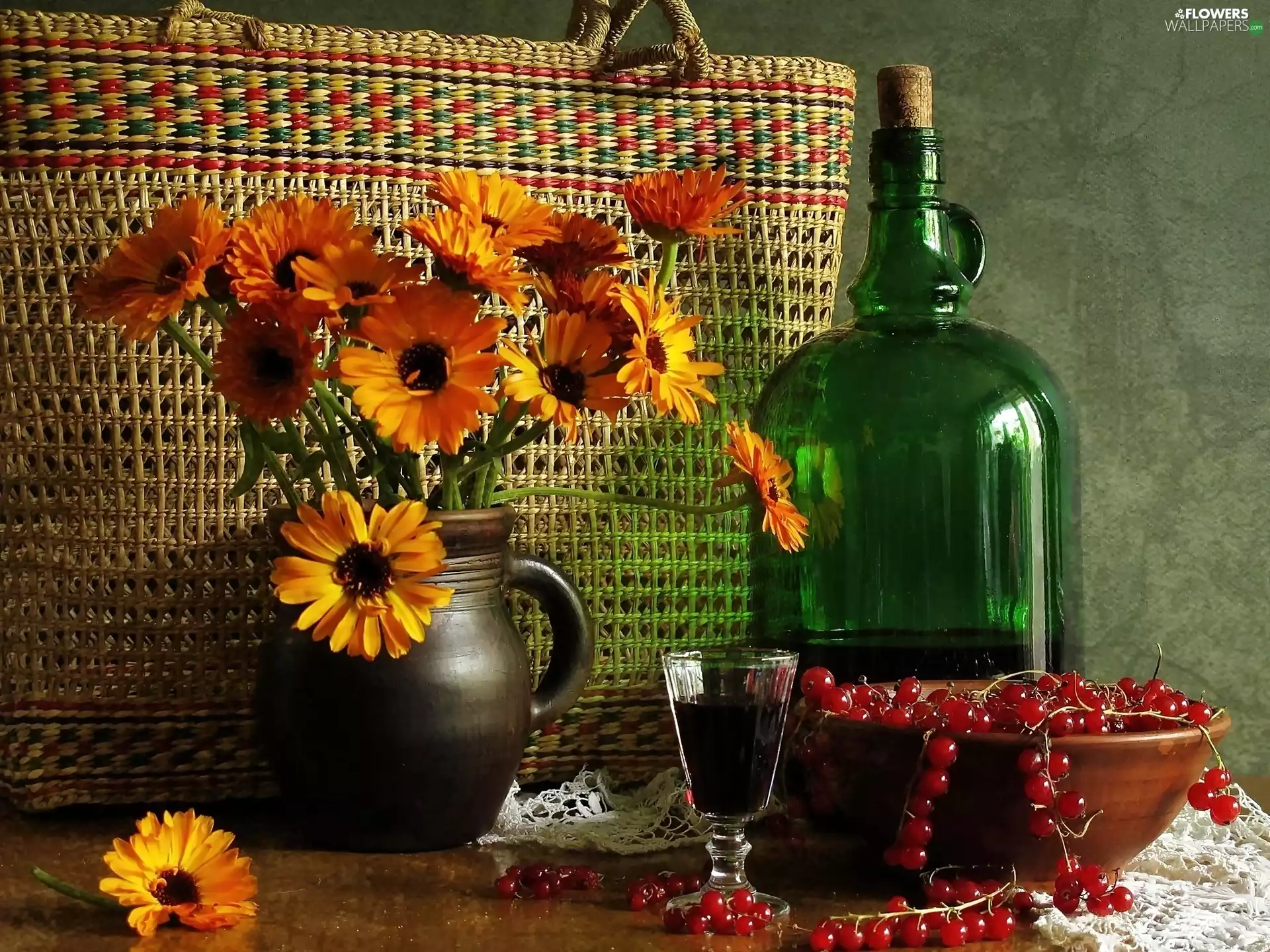 gerberas, Bottle, jug, Yellow, basket
