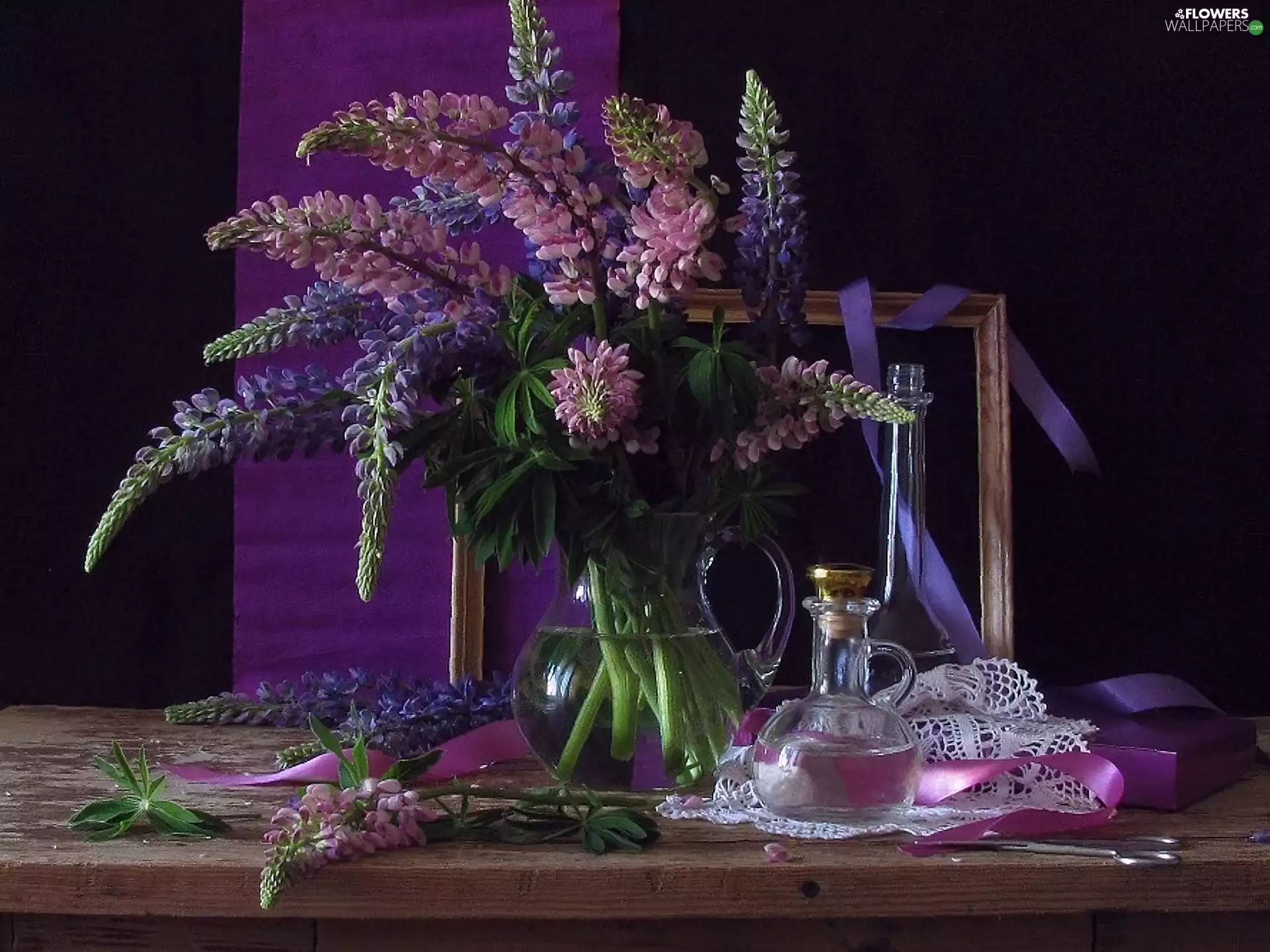 ribbon, bottles, Lupin, napkin, bouquet