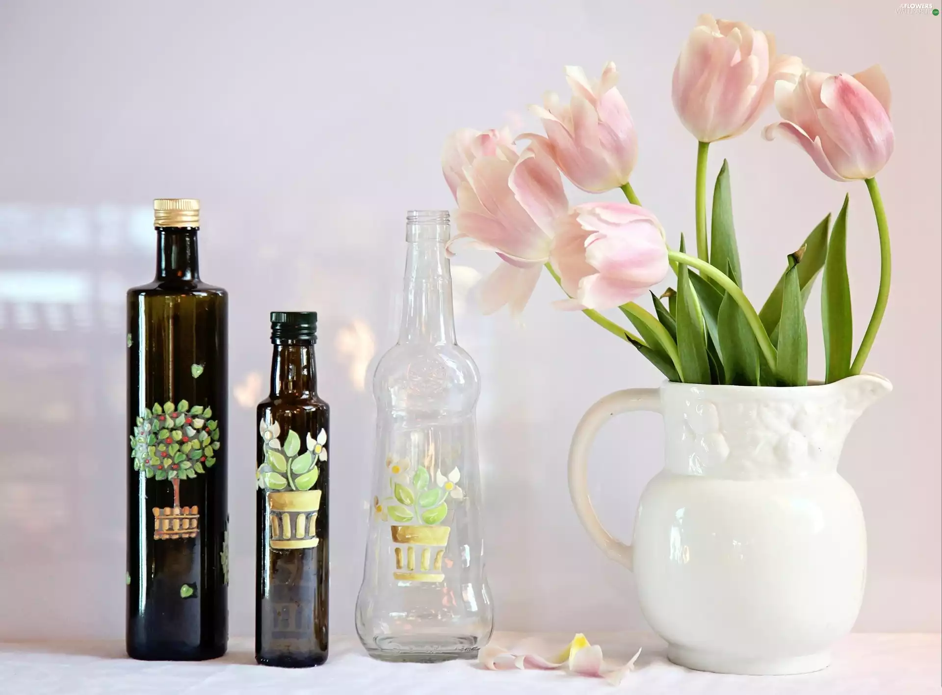 Bottles, pitcher, Tulips